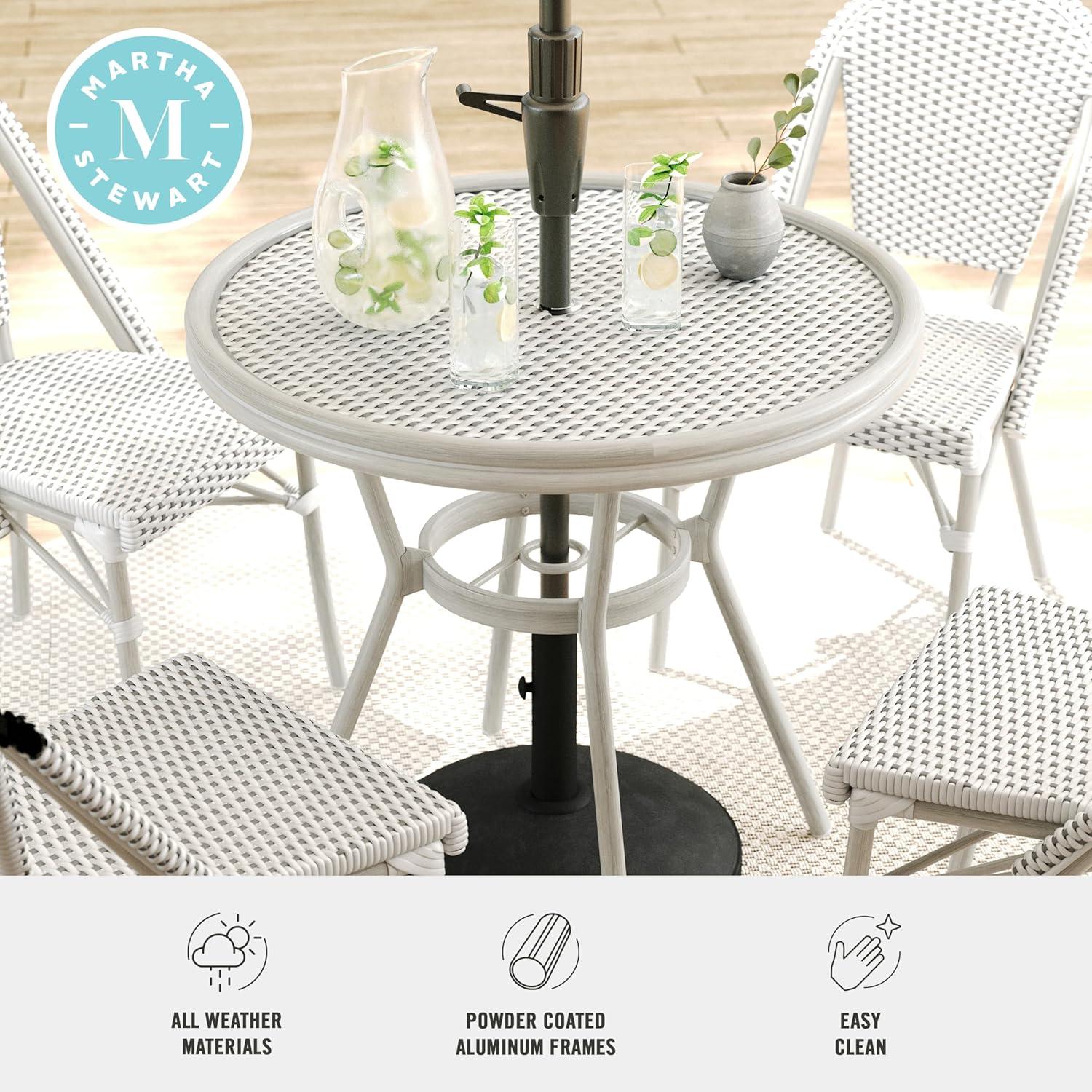 imageMartha Stewart Lily Pond 3 Piece IndoorOutdoor Gray and White Woven Rattan Bistro Set with Gray Woodgrain Aluminum Frames and Tempered Glass TabletopGray WhiteGray Frame