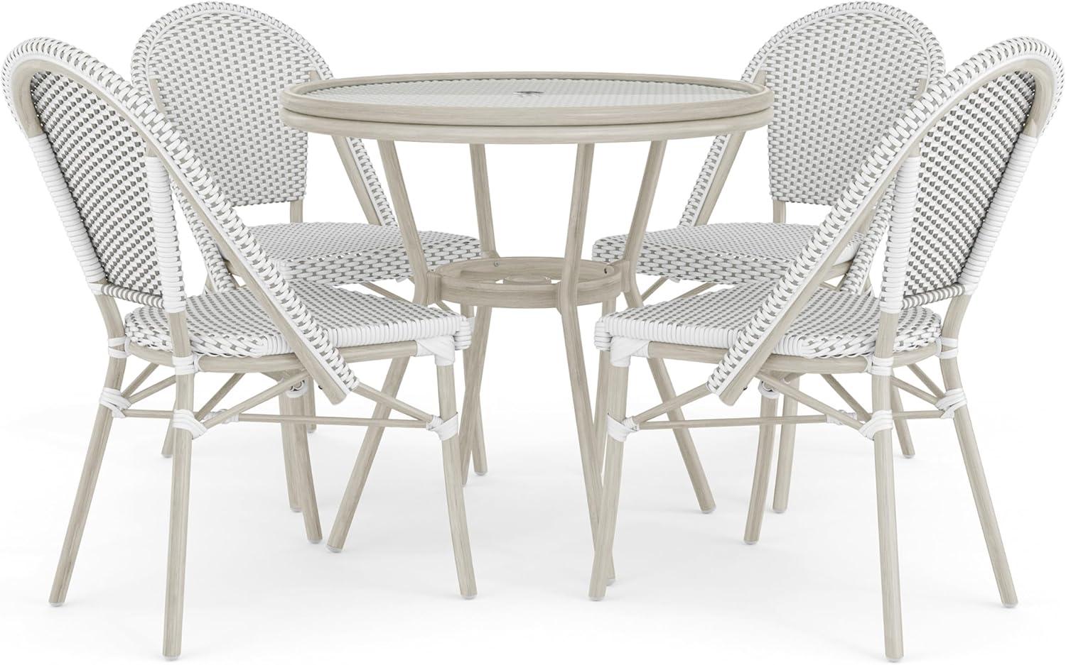 imageMartha Stewart Lily Pond 3 Piece IndoorOutdoor Gray and White Woven Rattan Bistro Set with Gray Woodgrain Aluminum Frames and Tempered Glass TabletopGray WhiteGray Frame