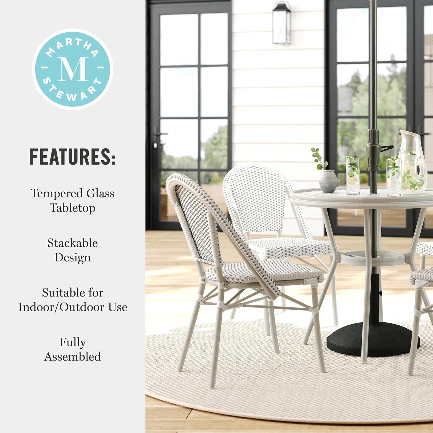 imageMartha Stewart Lily Pond 3 Piece IndoorOutdoor Gray and White Woven Rattan Bistro Set with Gray Woodgrain Aluminum Frames and Tempered Glass TabletopGray WhiteGray Frame