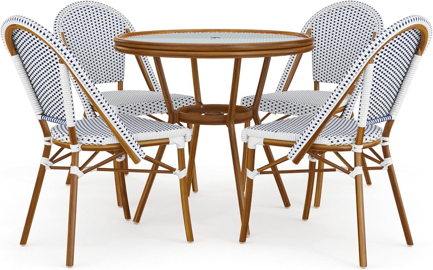imageMartha Stewart Lily Pond 3 Piece IndoorOutdoor Gray and White Woven Rattan Bistro Set with Gray Woodgrain Aluminum Frames and Tempered Glass TabletopNavy WhiteNatural Frame
