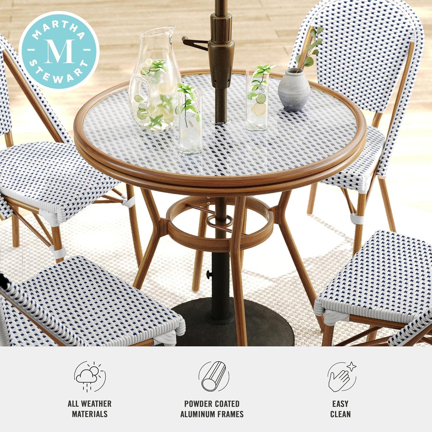 imageMartha Stewart Lily Pond 3 Piece IndoorOutdoor Gray and White Woven Rattan Bistro Set with Gray Woodgrain Aluminum Frames and Tempered Glass TabletopNavy WhiteNatural Frame