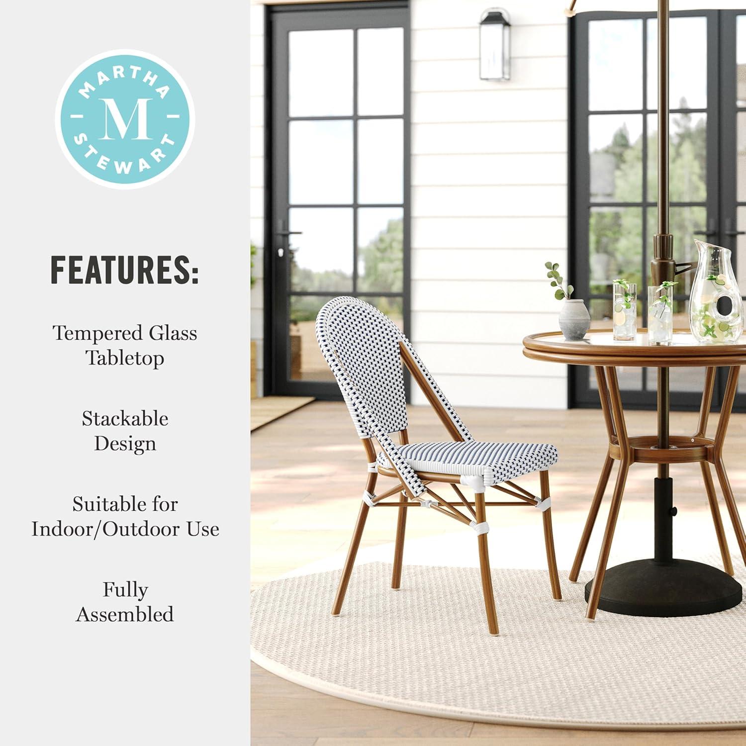 imageMartha Stewart Lily Pond 3 Piece IndoorOutdoor Gray and White Woven Rattan Bistro Set with Gray Woodgrain Aluminum Frames and Tempered Glass TabletopNavy WhiteNatural Frame