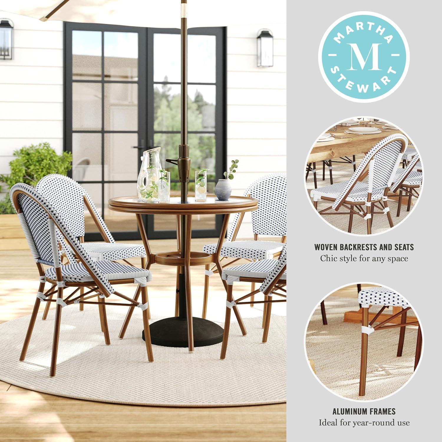 imageMartha Stewart Lily Pond 3 Piece IndoorOutdoor Gray and White Woven Rattan Bistro Set with Gray Woodgrain Aluminum Frames and Tempered Glass TabletopNavy WhiteNatural Frame