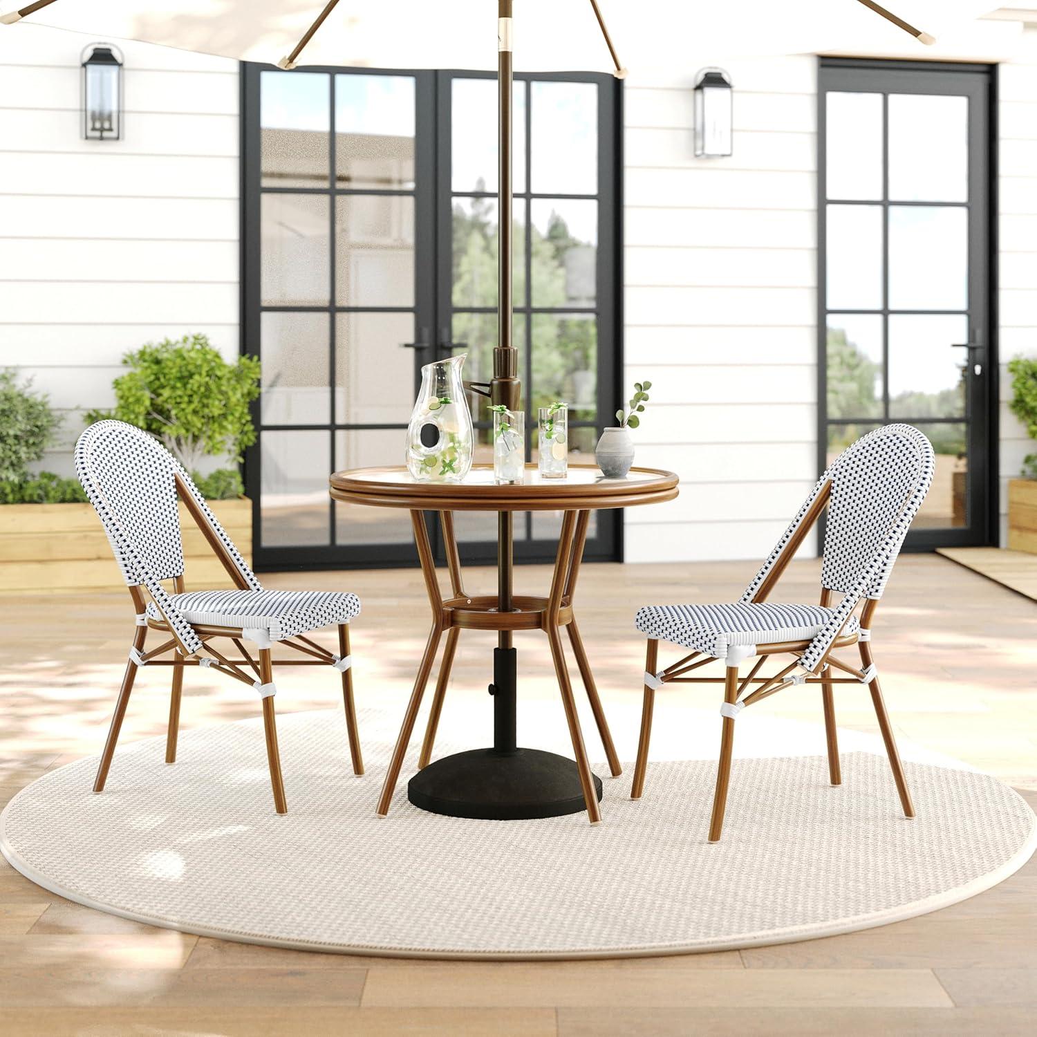 imageMartha Stewart Lily Pond 3 Piece IndoorOutdoor Gray and White Woven Rattan Bistro Set with Gray Woodgrain Aluminum Frames and Tempered Glass TabletopNavy WhiteNatural Frame