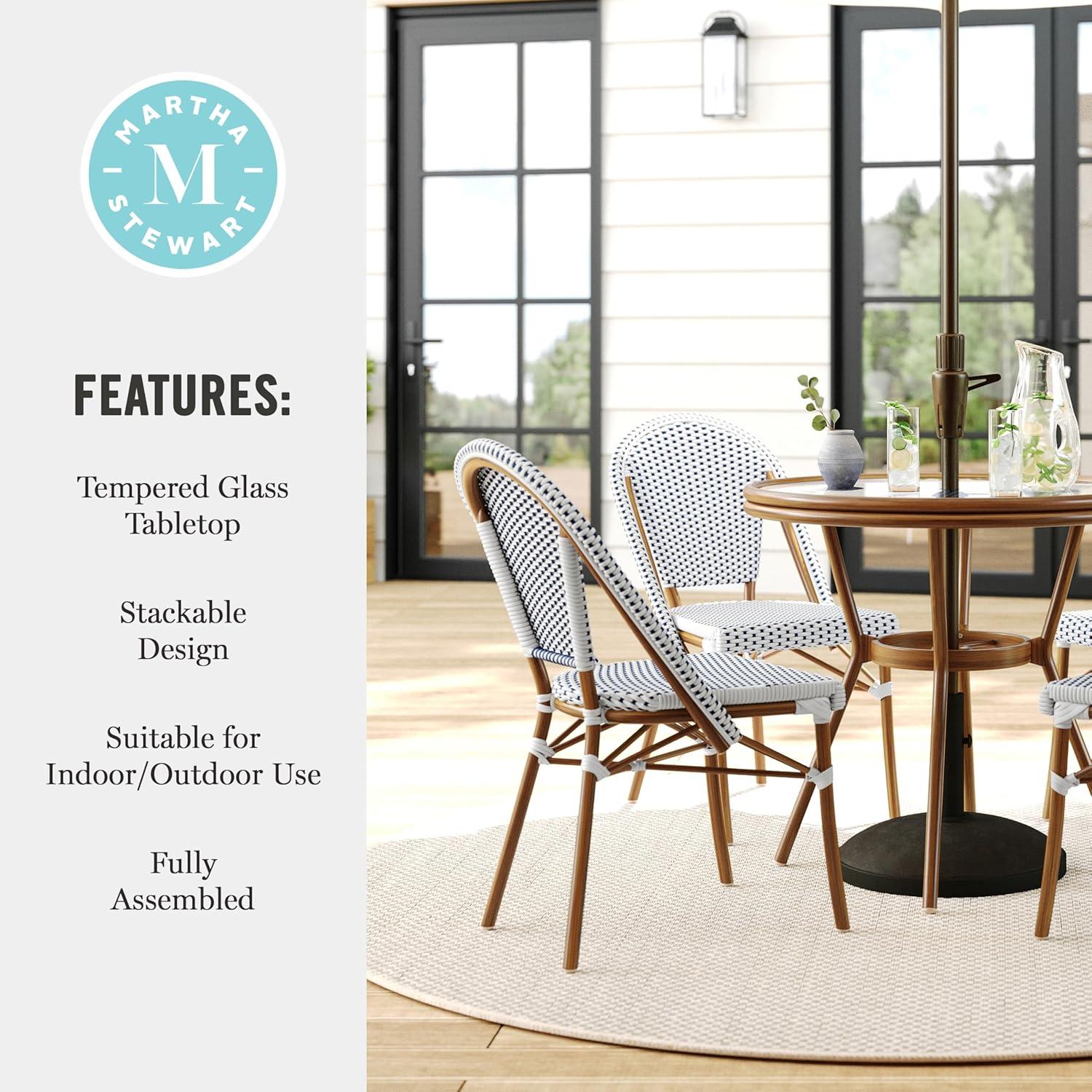 imageMartha Stewart Lily Pond 3 Piece IndoorOutdoor Gray and White Woven Rattan Bistro Set with Gray Woodgrain Aluminum Frames and Tempered Glass TabletopNavy WhiteNatural Frame