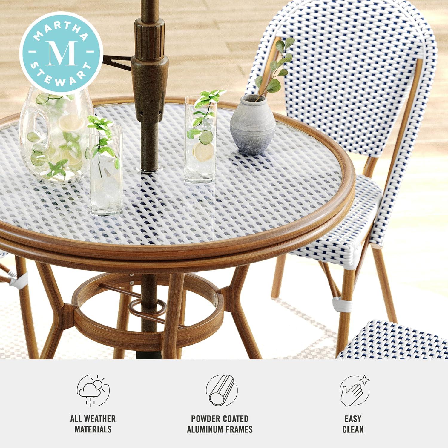 imageMartha Stewart Lily Pond 3 Piece IndoorOutdoor Gray and White Woven Rattan Bistro Set with Gray Woodgrain Aluminum Frames and Tempered Glass TabletopNavy WhiteNatural Frame