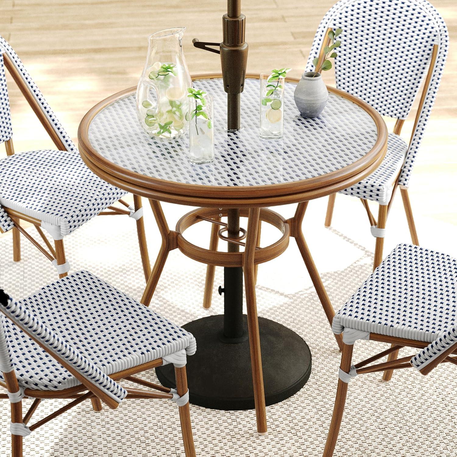 imageMartha Stewart Lily Pond 3 Piece IndoorOutdoor Gray and White Woven Rattan Bistro Set with Gray Woodgrain Aluminum Frames and Tempered Glass TabletopNavy WhiteNatural Frame