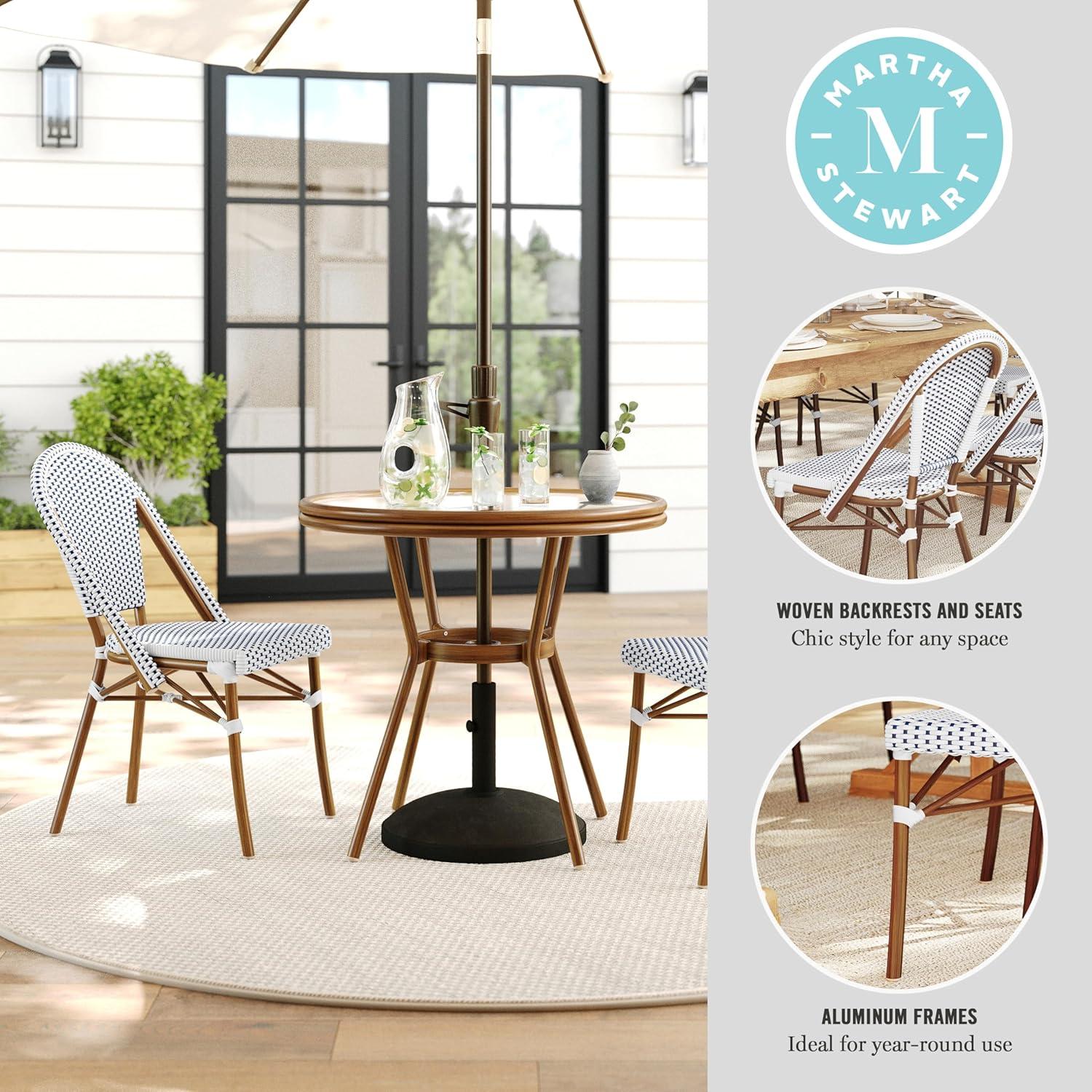 imageMartha Stewart Lily Pond 3 Piece IndoorOutdoor Gray and White Woven Rattan Bistro Set with Gray Woodgrain Aluminum Frames and Tempered Glass TabletopNavy WhiteNatural Frame