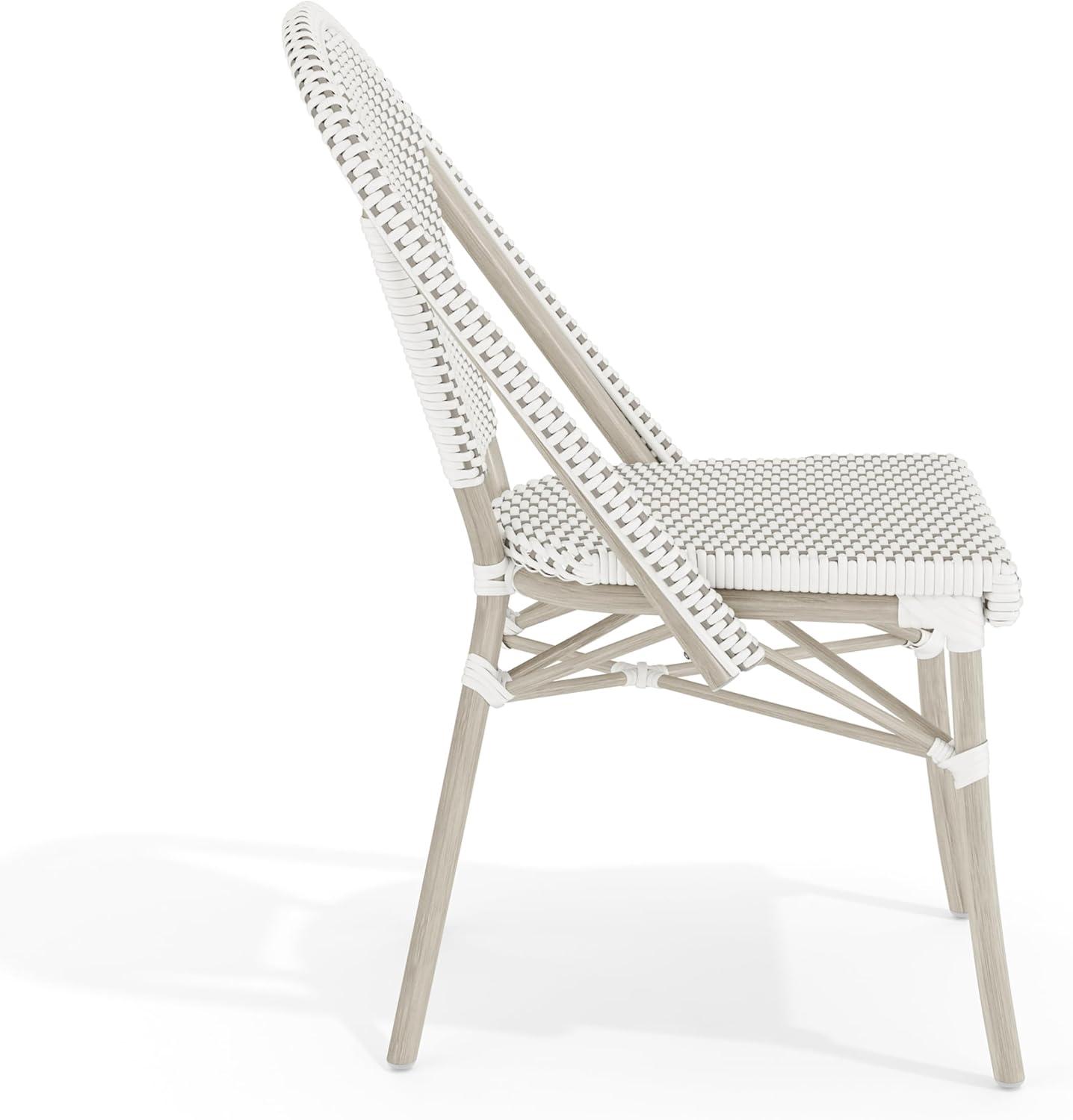 imageMartha Stewart Lily Pond IndoorOutdoor Stackable Aluminum Bistro Chair with Natural Woodgrain Frame Finish and WhiteNavy Woven Rattan Backrest and SeatGray WhiteGray Frame