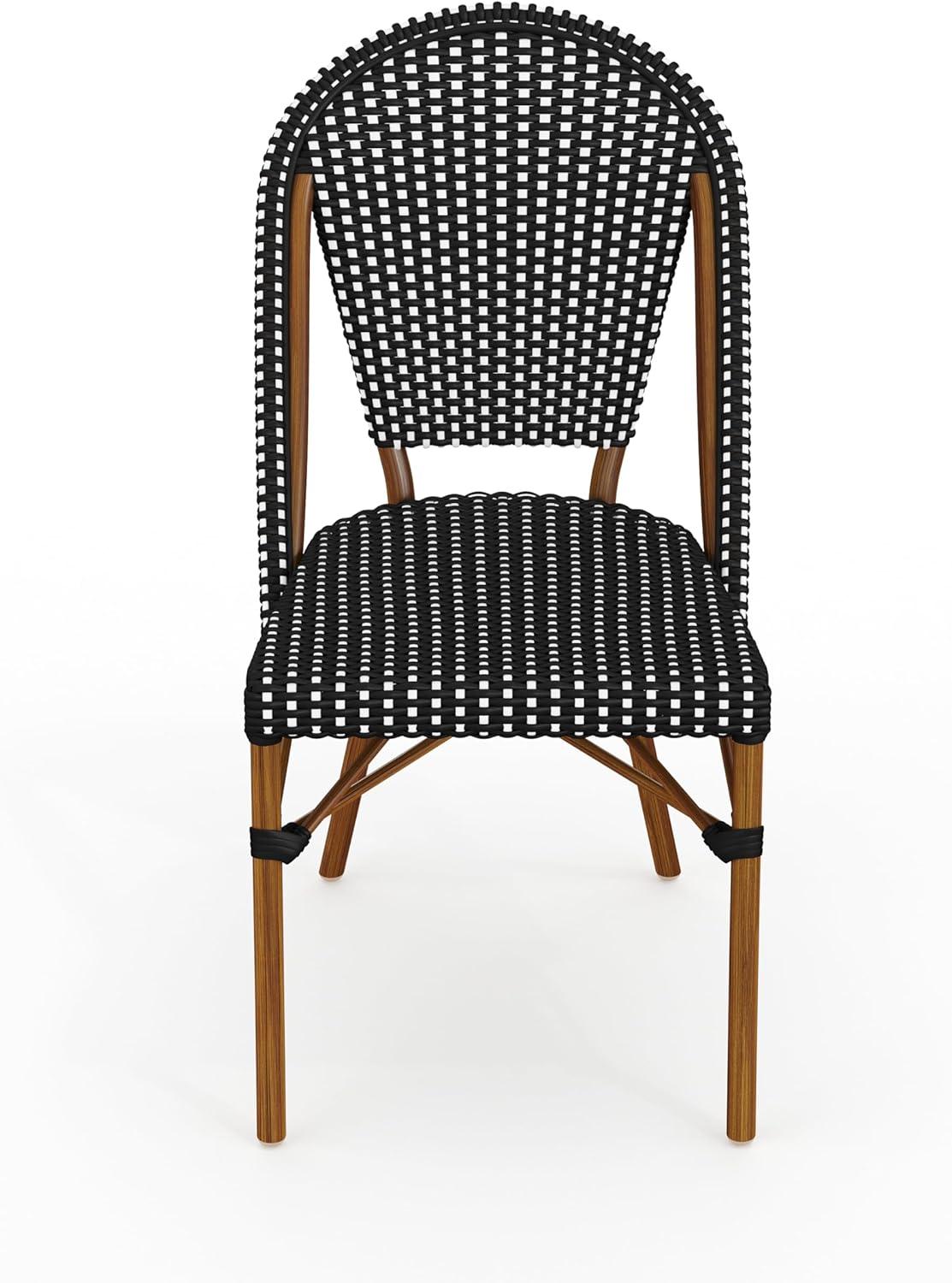 imageMartha Stewart Lily Pond IndoorOutdoor Stackable Aluminum Bistro Chair with Natural Woodgrain Frame Finish and WhiteNavy Woven Rattan Backrest and SeatBlack WhiteNatural Frame