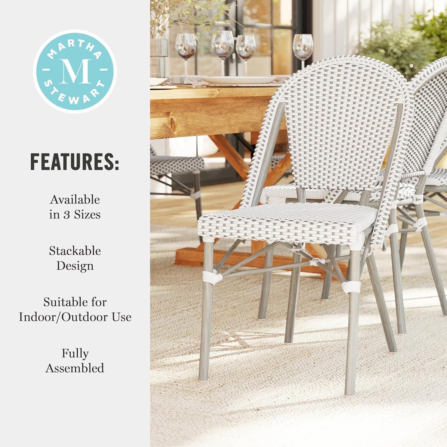 imageMartha Stewart Lily Pond IndoorOutdoor Stackable Aluminum Bistro Chair with Natural Woodgrain Frame Finish and WhiteNavy Woven Rattan Backrest and SeatGray WhiteGray Frame