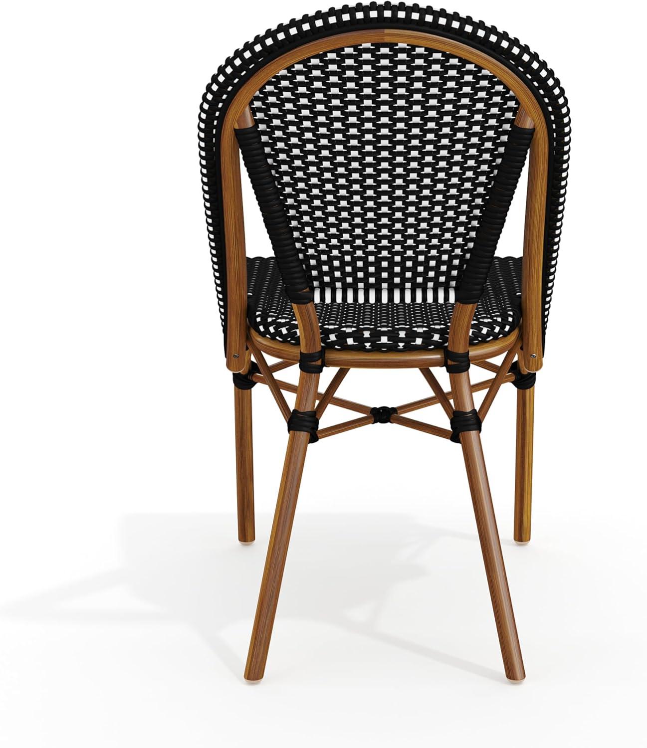 imageMartha Stewart Lily Pond IndoorOutdoor Stackable Aluminum Bistro Chair with Natural Woodgrain Frame Finish and WhiteNavy Woven Rattan Backrest and SeatBlack WhiteNatural Frame