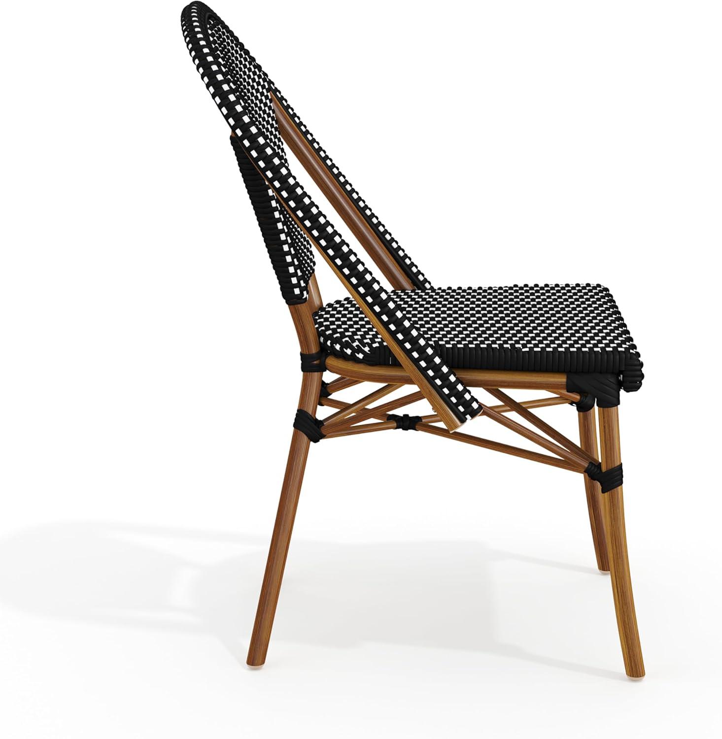 imageMartha Stewart Lily Pond IndoorOutdoor Stackable Aluminum Bistro Chair with Natural Woodgrain Frame Finish and WhiteNavy Woven Rattan Backrest and SeatBlack WhiteNatural Frame