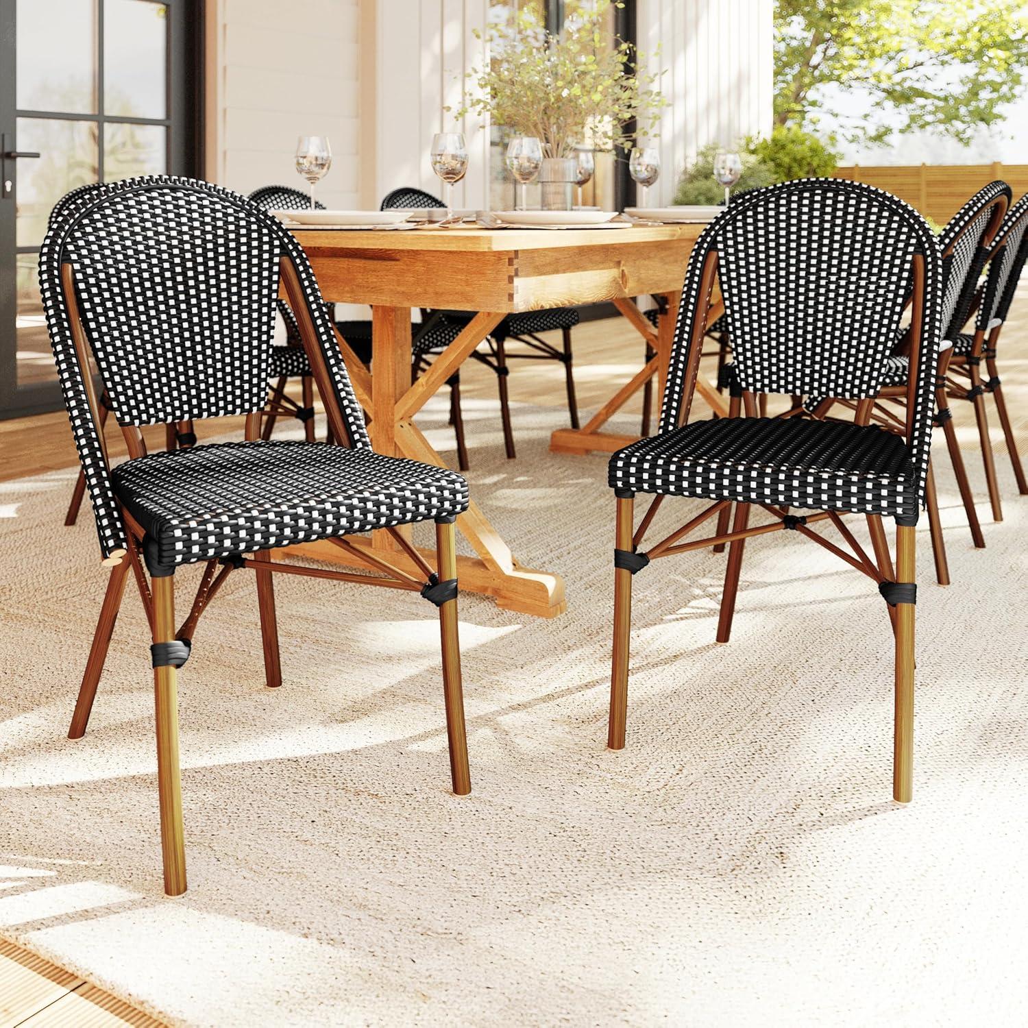 imageMartha Stewart Lily Pond IndoorOutdoor Stackable Aluminum Bistro Chair with Natural Woodgrain Frame Finish and WhiteNavy Woven Rattan Backrest and SeatBlack WhiteNatural Frame