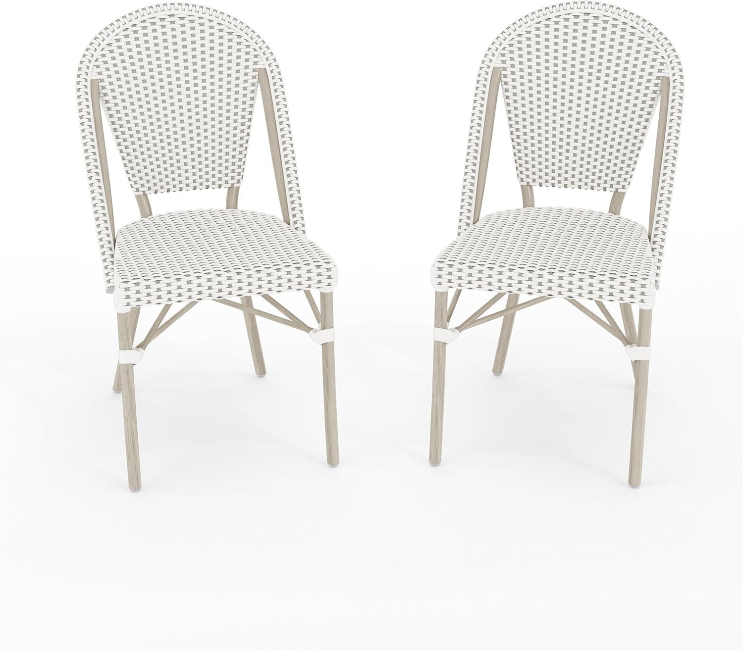 imageMartha Stewart Lily Pond IndoorOutdoor Stackable Aluminum Bistro Chair with Natural Woodgrain Frame Finish and WhiteNavy Woven Rattan Backrest and SeatGray WhiteGray Frame
