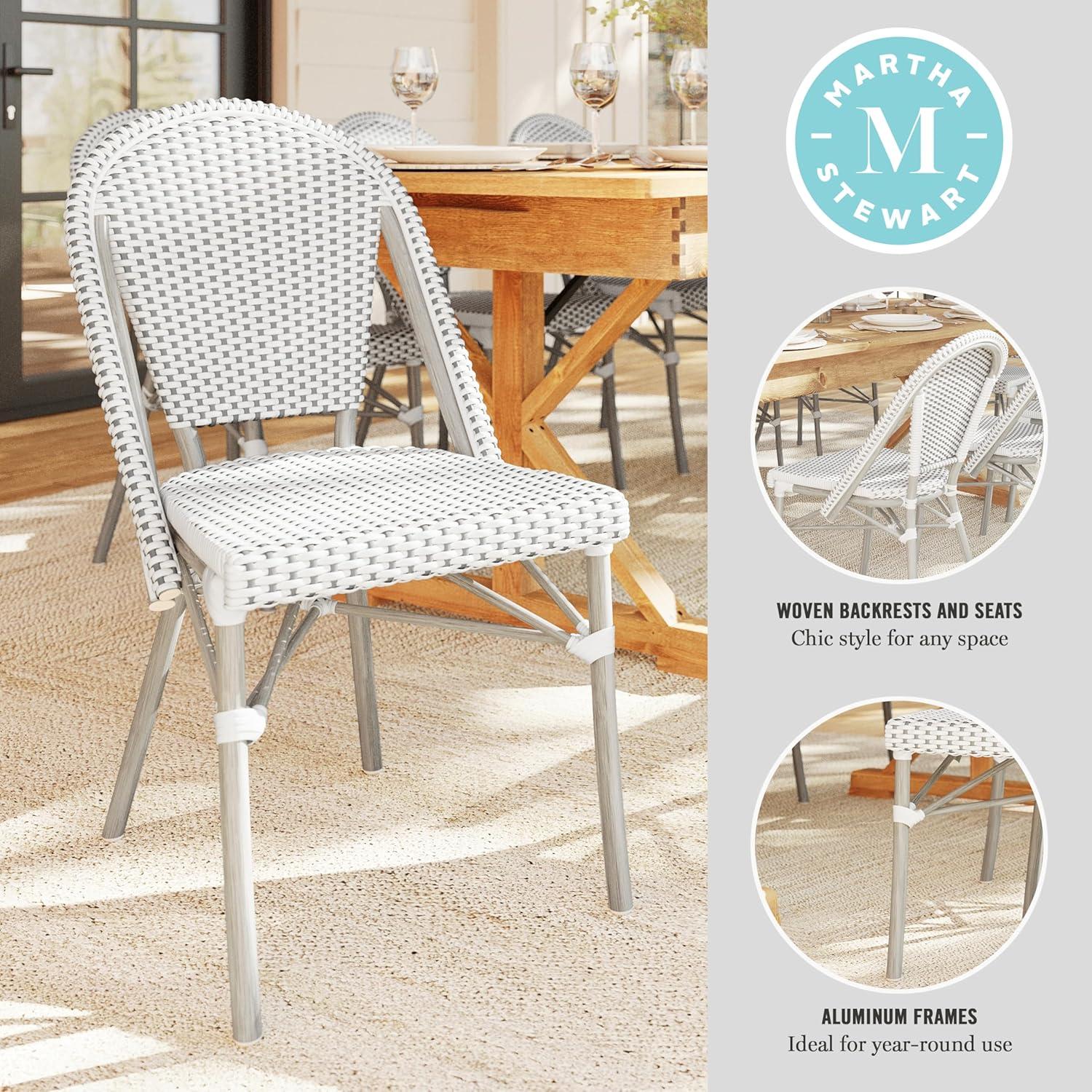 imageMartha Stewart Lily Pond IndoorOutdoor Stackable Aluminum Bistro Chair with Natural Woodgrain Frame Finish and WhiteNavy Woven Rattan Backrest and SeatGray WhiteGray Frame