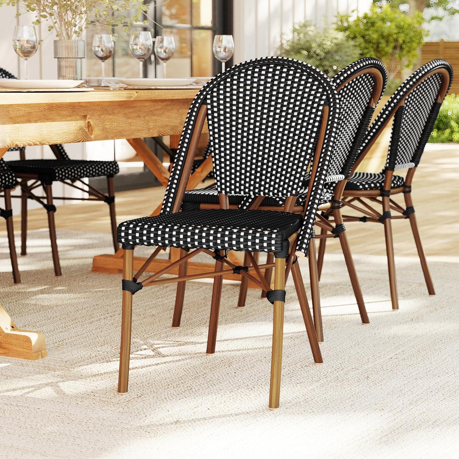 imageMartha Stewart Lily Pond IndoorOutdoor Stackable Aluminum Bistro Chair with Natural Woodgrain Frame Finish and WhiteNavy Woven Rattan Backrest and SeatBlack WhiteNatural Frame