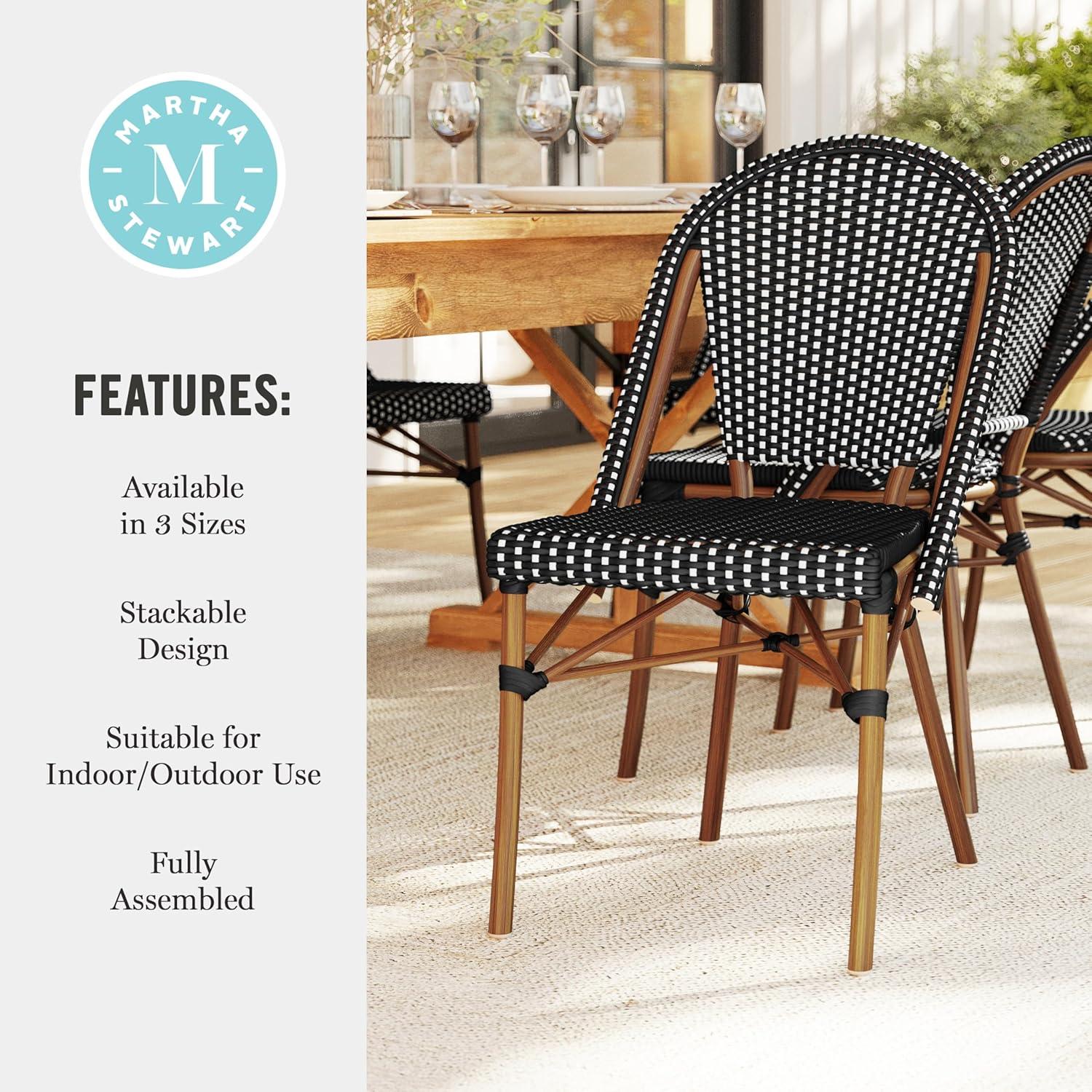 imageMartha Stewart Lily Pond IndoorOutdoor Stackable Aluminum Bistro Chair with Natural Woodgrain Frame Finish and WhiteNavy Woven Rattan Backrest and SeatBlack WhiteNatural Frame