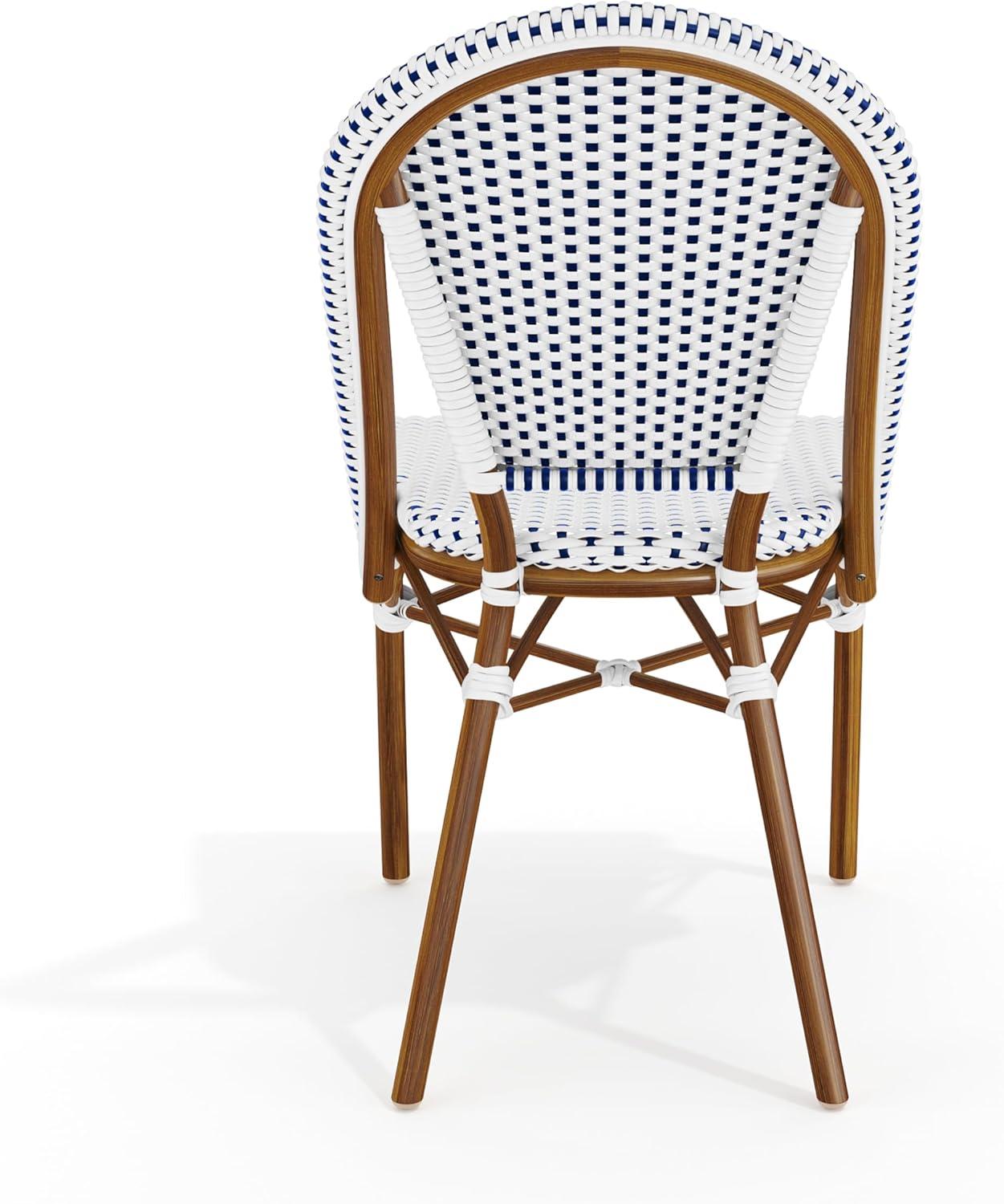 imageMartha Stewart Lily Pond IndoorOutdoor Stackable Aluminum Bistro Chair with Natural Woodgrain Frame Finish and WhiteNavy Woven Rattan Backrest and SeatNavy WhiteNatural Frame