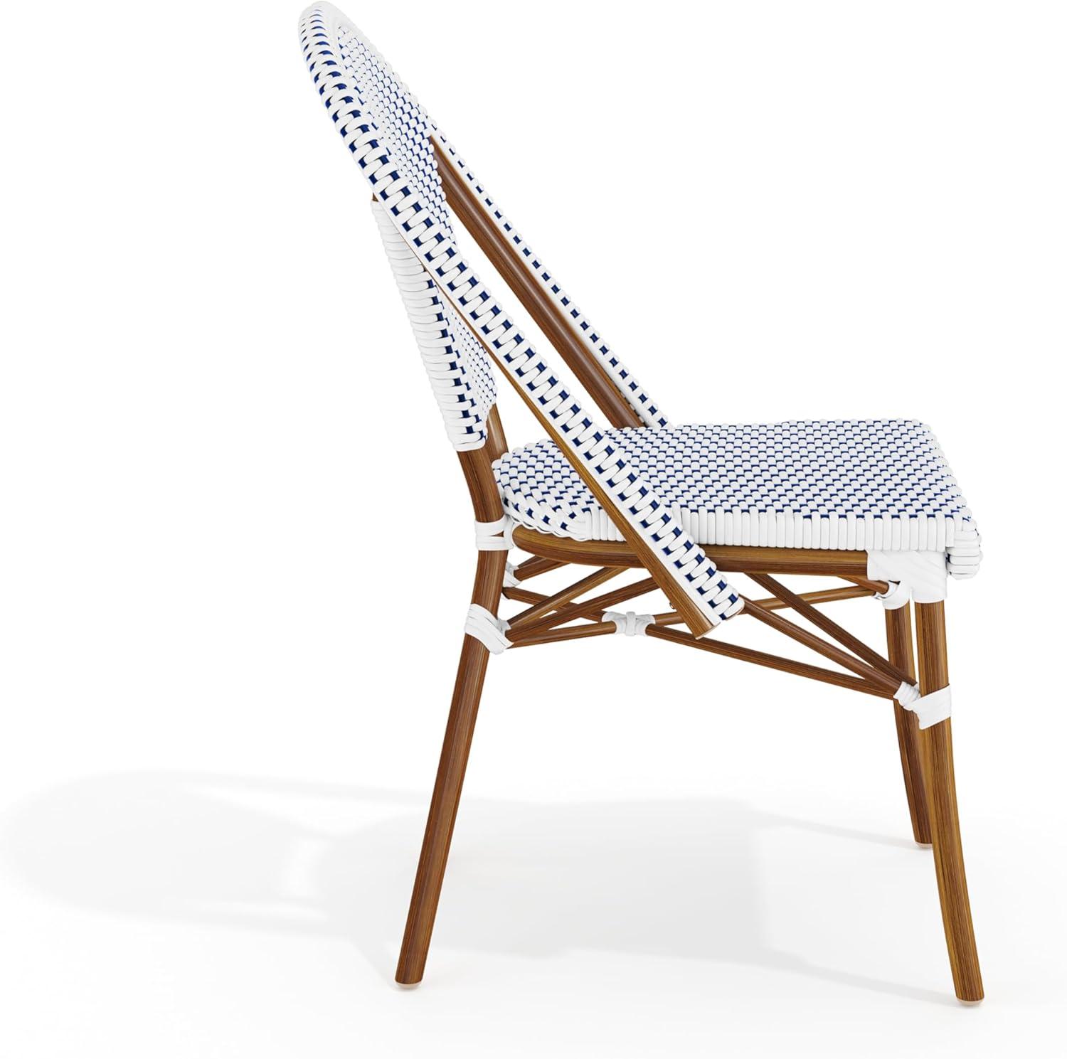 imageMartha Stewart Lily Pond IndoorOutdoor Stackable Aluminum Bistro Chair with Natural Woodgrain Frame Finish and WhiteNavy Woven Rattan Backrest and SeatNavy WhiteNatural Frame