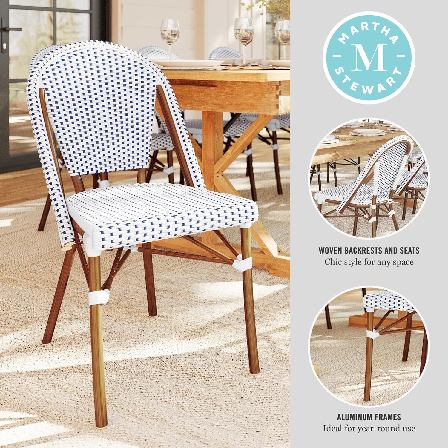imageMartha Stewart Lily Pond IndoorOutdoor Stackable Aluminum Bistro Chair with Natural Woodgrain Frame Finish and WhiteNavy Woven Rattan Backrest and SeatNavy WhiteNatural Frame