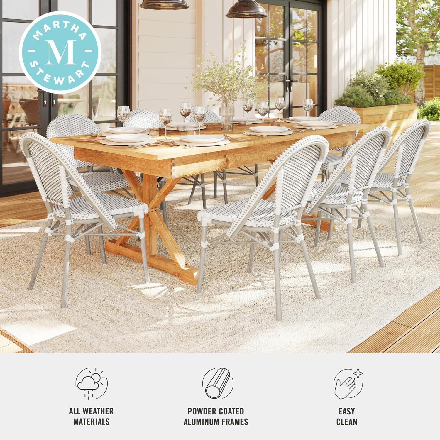 imageMartha Stewart Lily Pond IndoorOutdoor Stackable Aluminum Bistro Chair with Natural Woodgrain Frame Finish and WhiteNavy Woven Rattan Backrest and SeatGray WhiteGray Frame