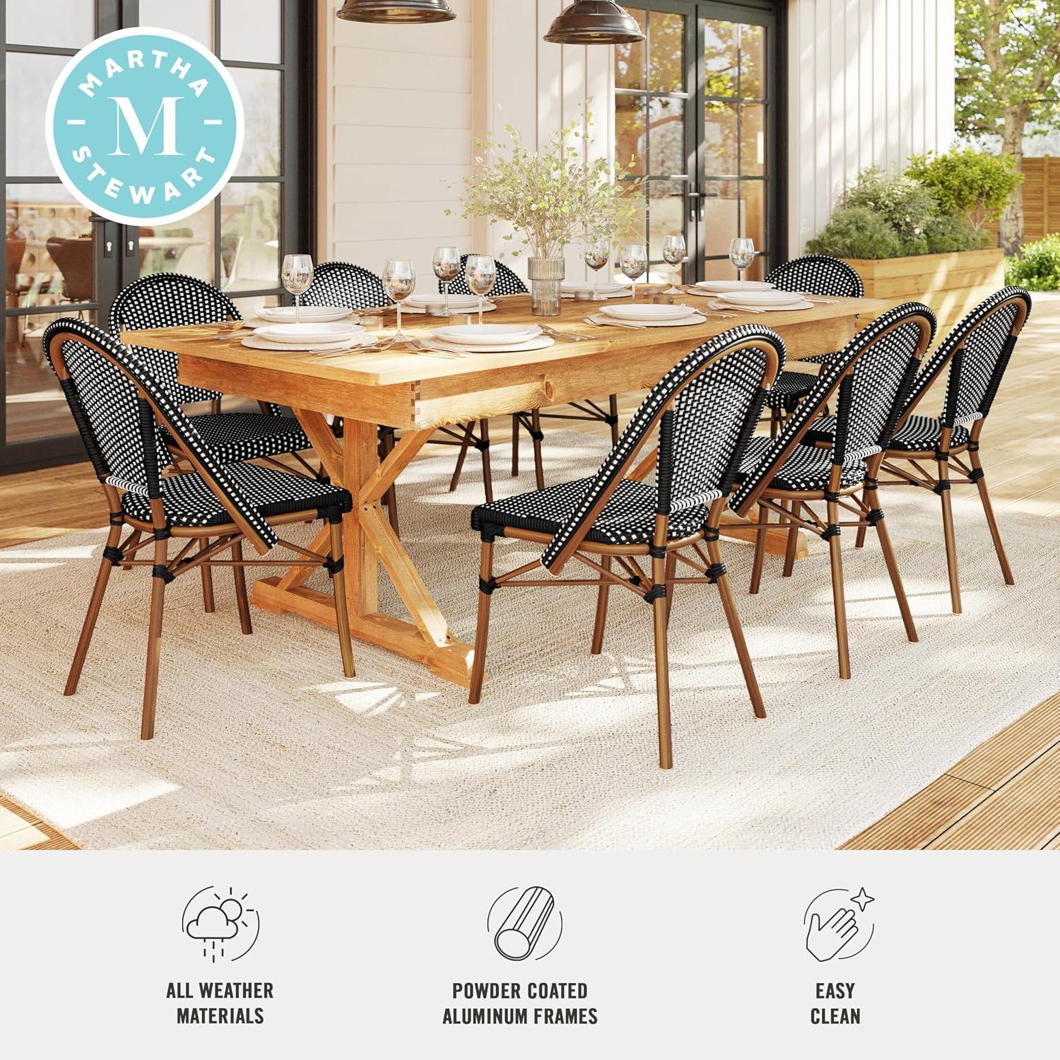 imageMartha Stewart Lily Pond IndoorOutdoor Stackable Aluminum Bistro Chair with Natural Woodgrain Frame Finish and WhiteNavy Woven Rattan Backrest and SeatBlack WhiteNatural Frame