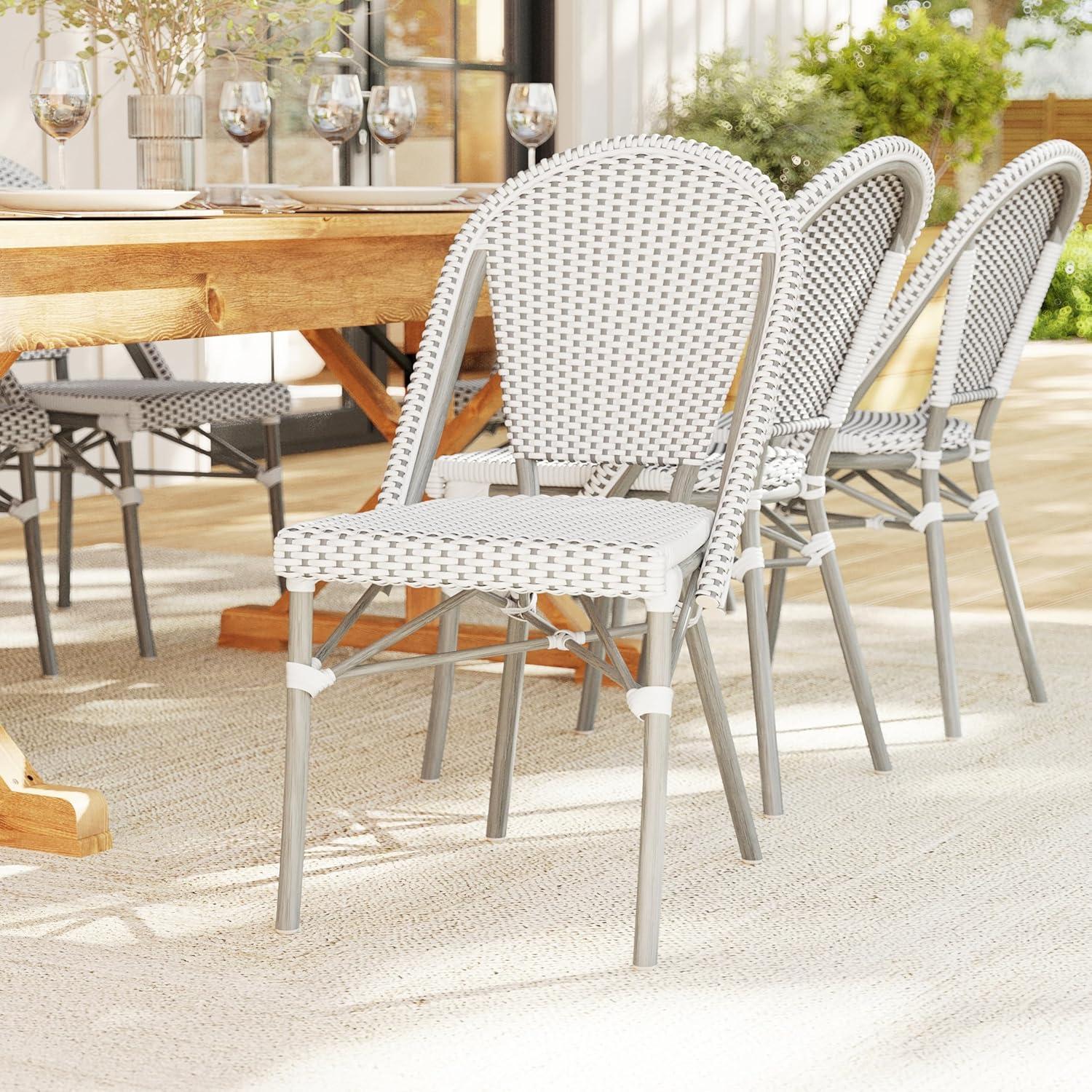imageMartha Stewart Lily Pond IndoorOutdoor Stackable Aluminum Bistro Chair with Natural Woodgrain Frame Finish and WhiteNavy Woven Rattan Backrest and SeatGray WhiteGray Frame