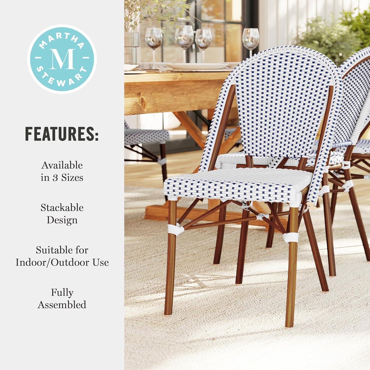 imageMartha Stewart Lily Pond IndoorOutdoor Stackable Aluminum Bistro Chair with Natural Woodgrain Frame Finish and WhiteNavy Woven Rattan Backrest and SeatNavy WhiteNatural Frame