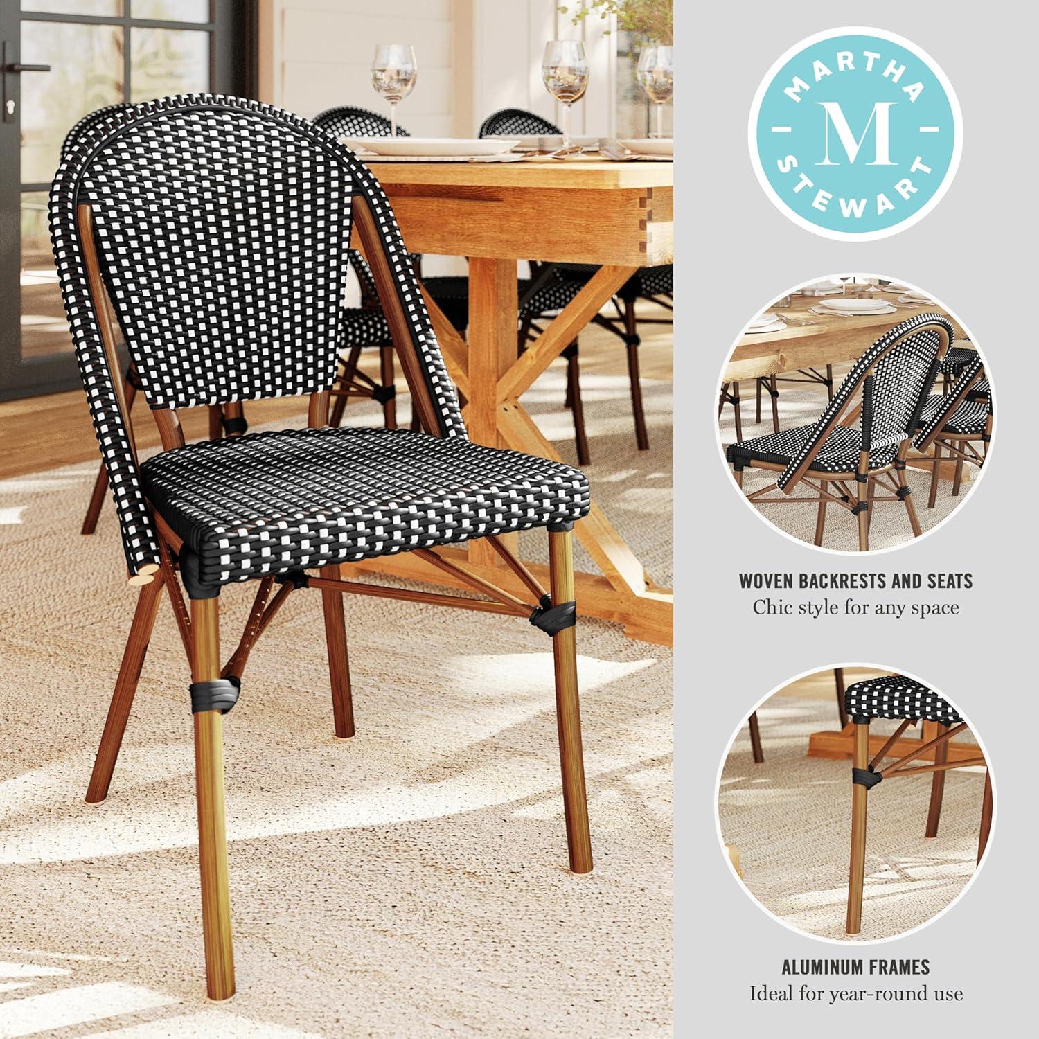 imageMartha Stewart Lily Pond IndoorOutdoor Stackable Aluminum Bistro Chair with Natural Woodgrain Frame Finish and WhiteNavy Woven Rattan Backrest and SeatBlack WhiteNatural Frame