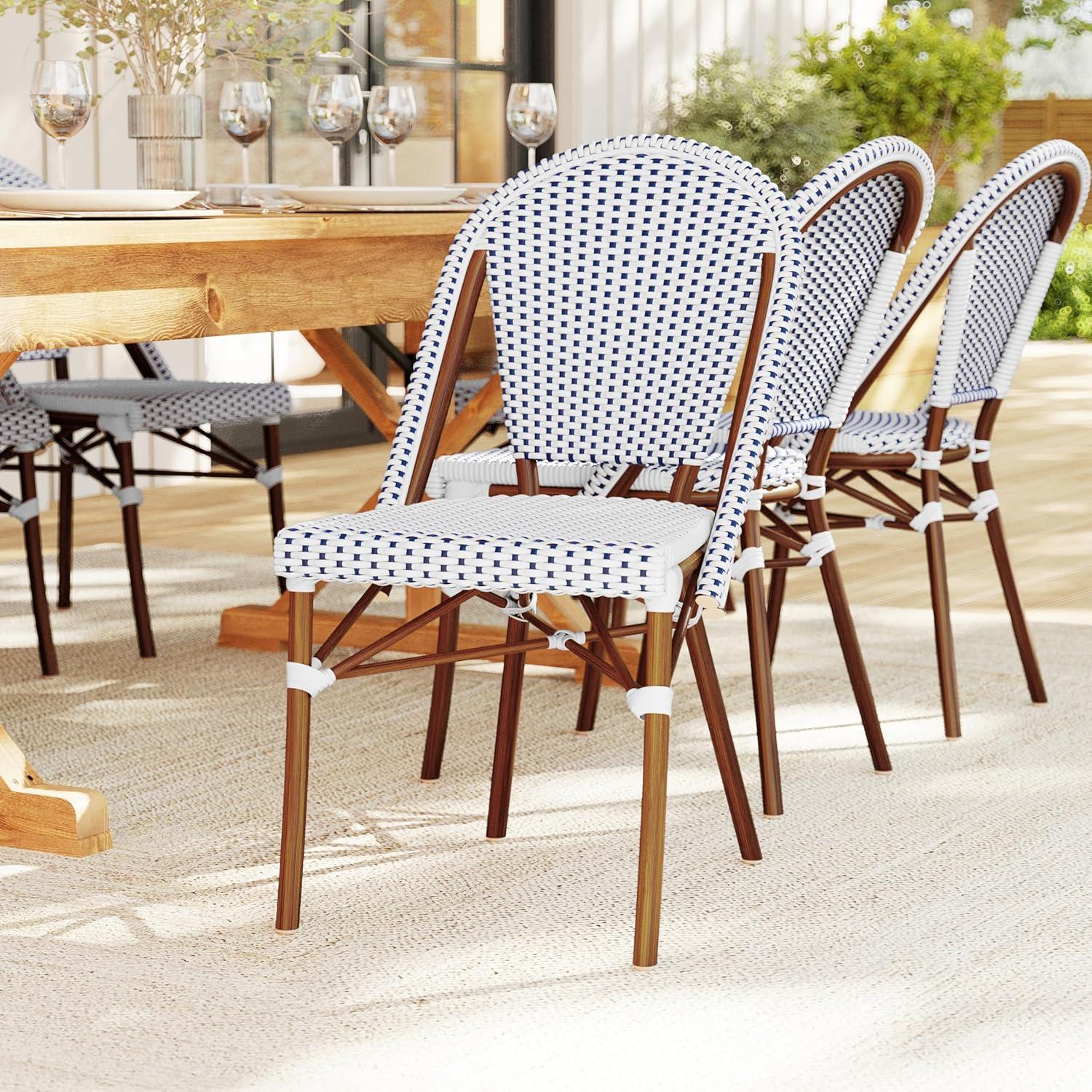imageMartha Stewart Lily Pond IndoorOutdoor Stackable Aluminum Bistro Chair with Natural Woodgrain Frame Finish and WhiteNavy Woven Rattan Backrest and SeatNavy WhiteNatural Frame