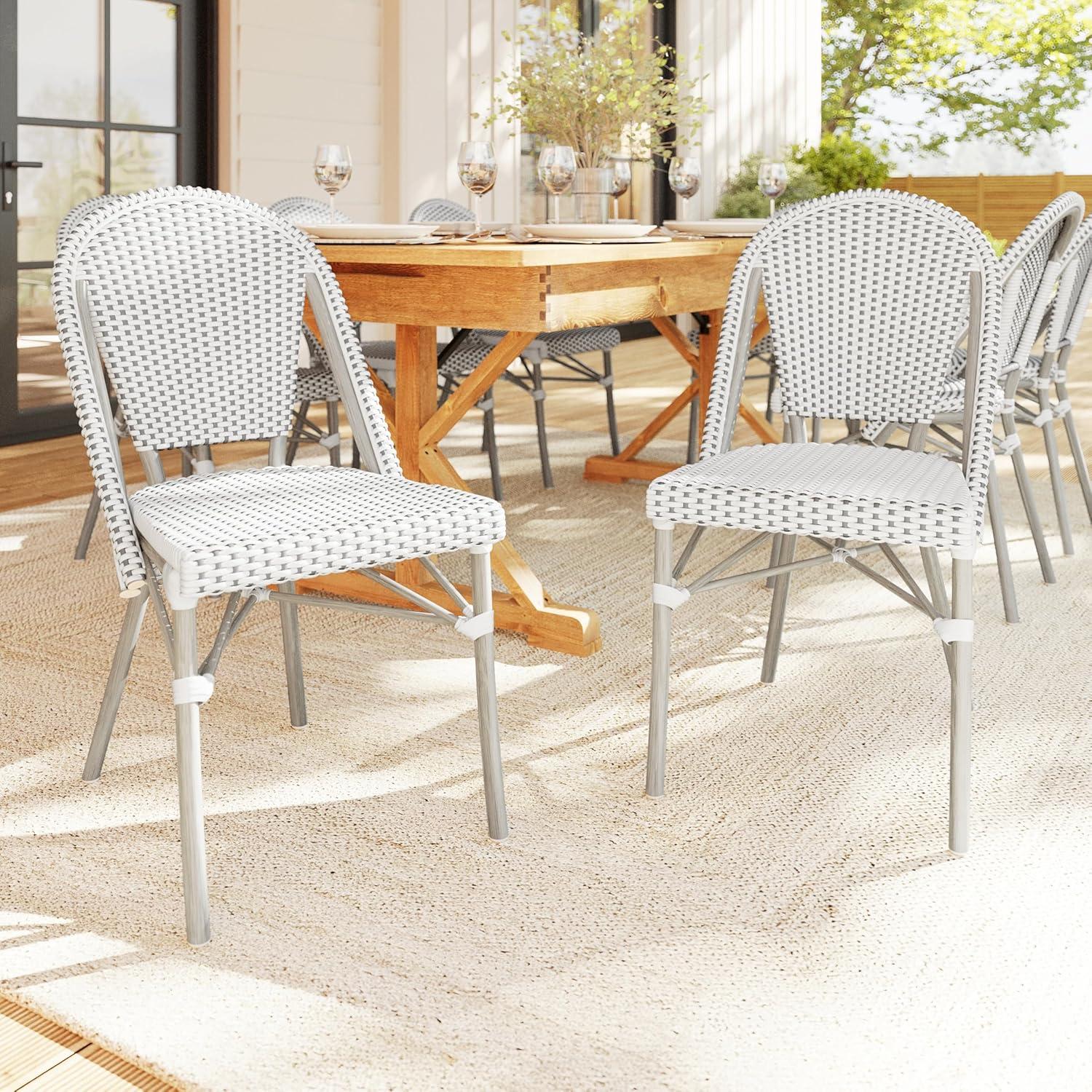 imageMartha Stewart Lily Pond IndoorOutdoor Stackable Aluminum Bistro Chair with Natural Woodgrain Frame Finish and WhiteNavy Woven Rattan Backrest and SeatGray WhiteGray Frame