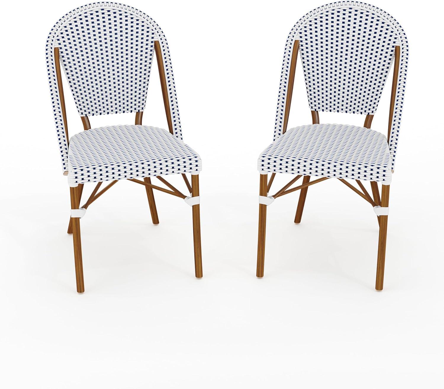 imageMartha Stewart Lily Pond IndoorOutdoor Stackable Aluminum Bistro Chair with Natural Woodgrain Frame Finish and WhiteNavy Woven Rattan Backrest and SeatNavy WhiteNatural Frame