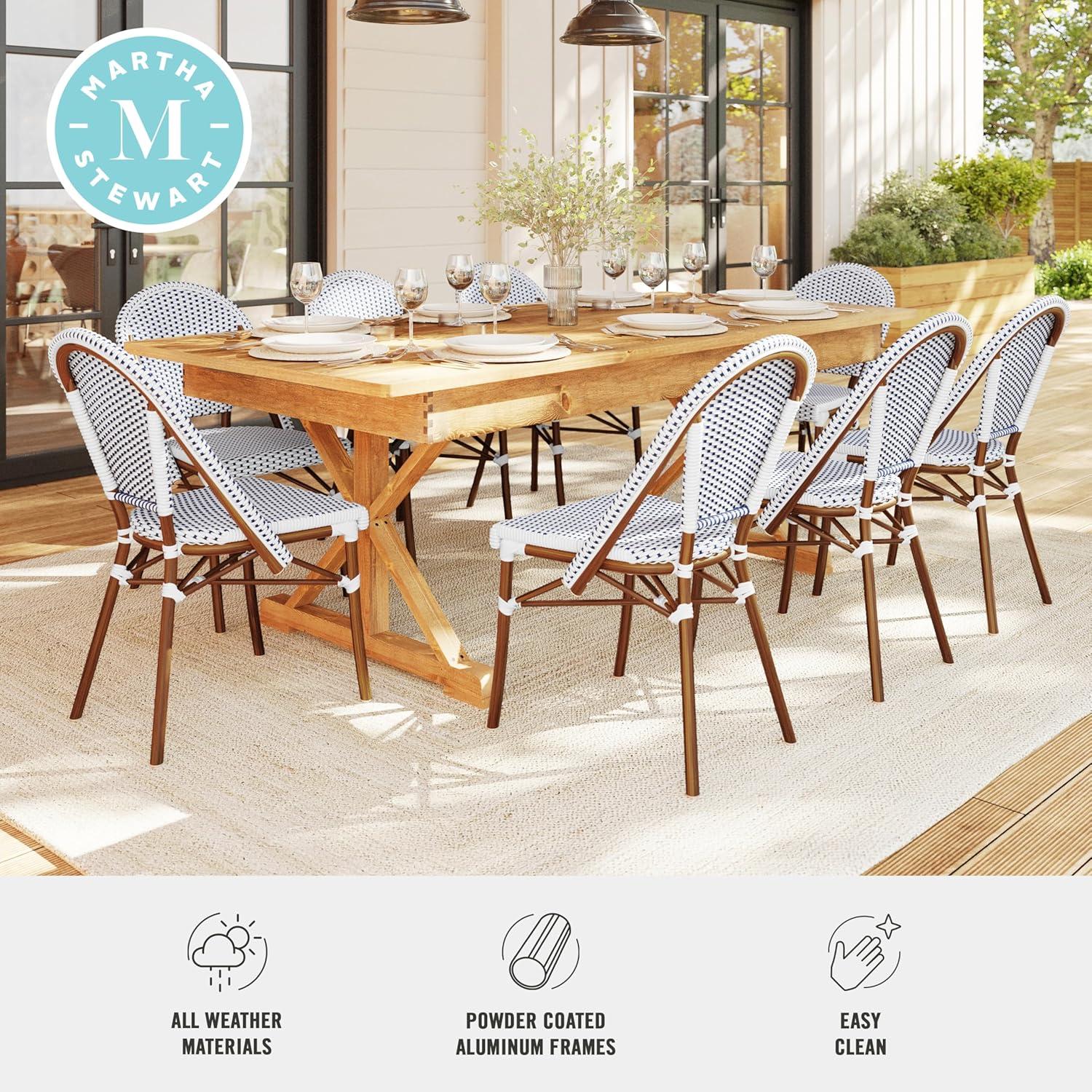 imageMartha Stewart Lily Pond IndoorOutdoor Stackable Aluminum Bistro Chair with Natural Woodgrain Frame Finish and WhiteNavy Woven Rattan Backrest and SeatNavy WhiteNatural Frame