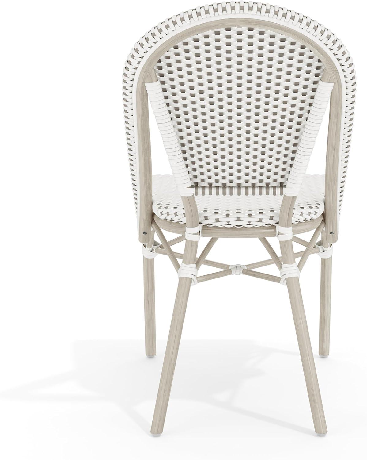 imageMartha Stewart Lily Pond IndoorOutdoor Stackable Aluminum Bistro Chair with Natural Woodgrain Frame Finish and WhiteNavy Woven Rattan Backrest and SeatGray WhiteGray Frame