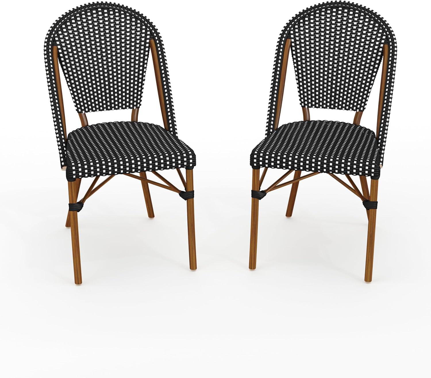imageMartha Stewart Lily Pond IndoorOutdoor Stackable Aluminum Bistro Chair with Natural Woodgrain Frame Finish and WhiteNavy Woven Rattan Backrest and SeatBlack WhiteNatural Frame