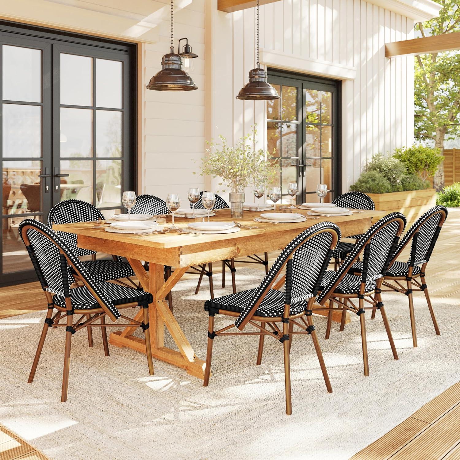 imageMartha Stewart Lily Pond IndoorOutdoor Stackable Aluminum Bistro Chair with Natural Woodgrain Frame Finish and WhiteNavy Woven Rattan Backrest and SeatBlack WhiteNatural Frame