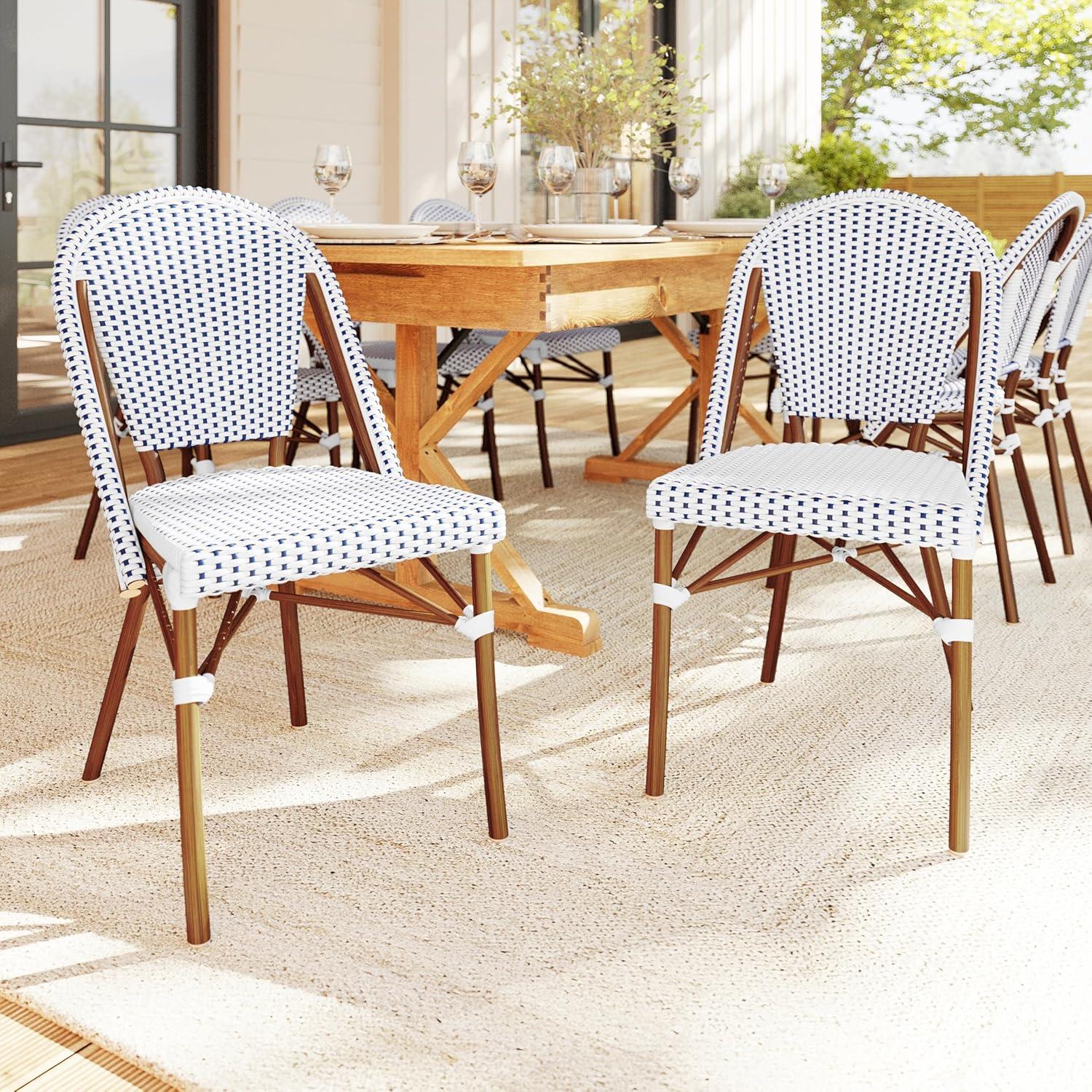 imageMartha Stewart Lily Pond IndoorOutdoor Stackable Aluminum Bistro Chair with Natural Woodgrain Frame Finish and WhiteNavy Woven Rattan Backrest and SeatNavy WhiteNatural Frame