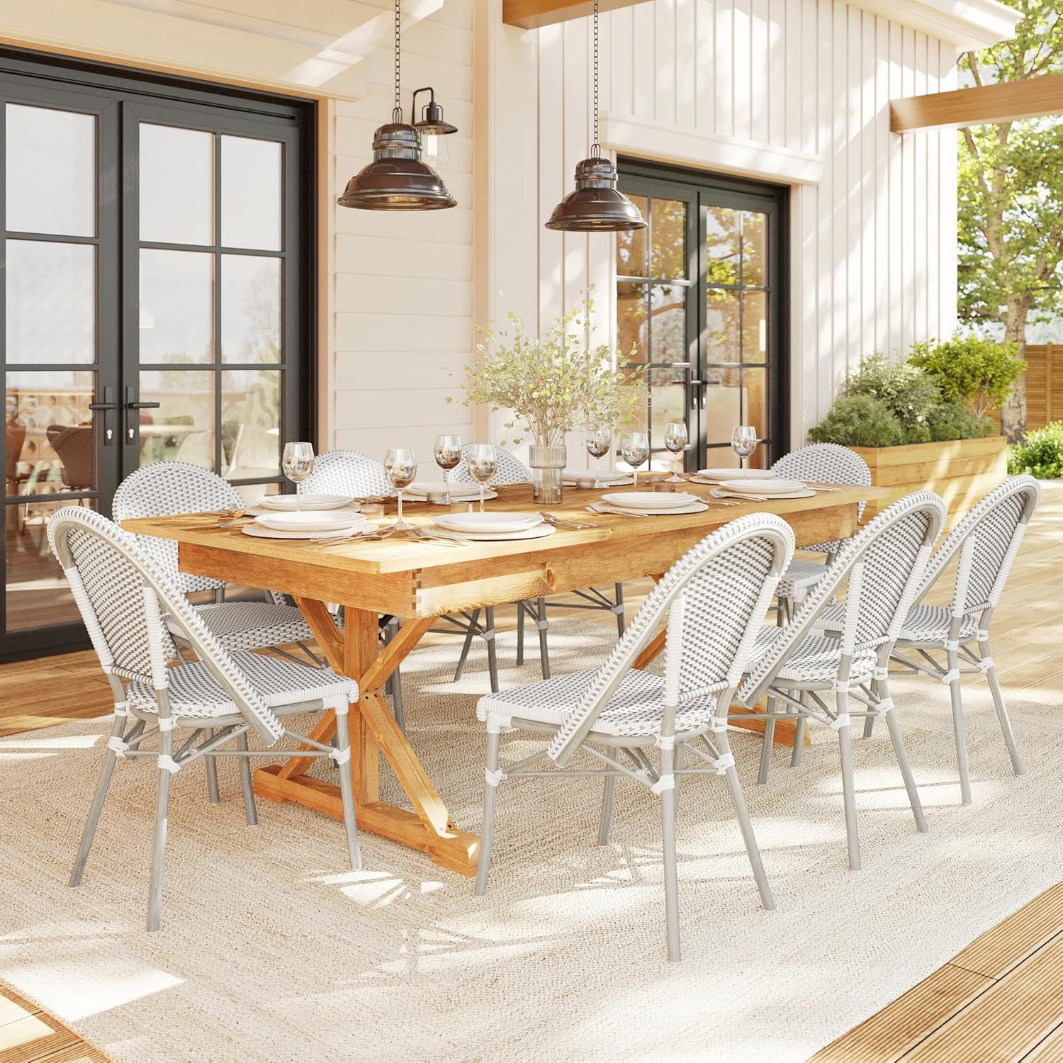 imageMartha Stewart Lily Pond IndoorOutdoor Stackable Aluminum Bistro Chair with Natural Woodgrain Frame Finish and WhiteNavy Woven Rattan Backrest and SeatGray WhiteGray Frame
