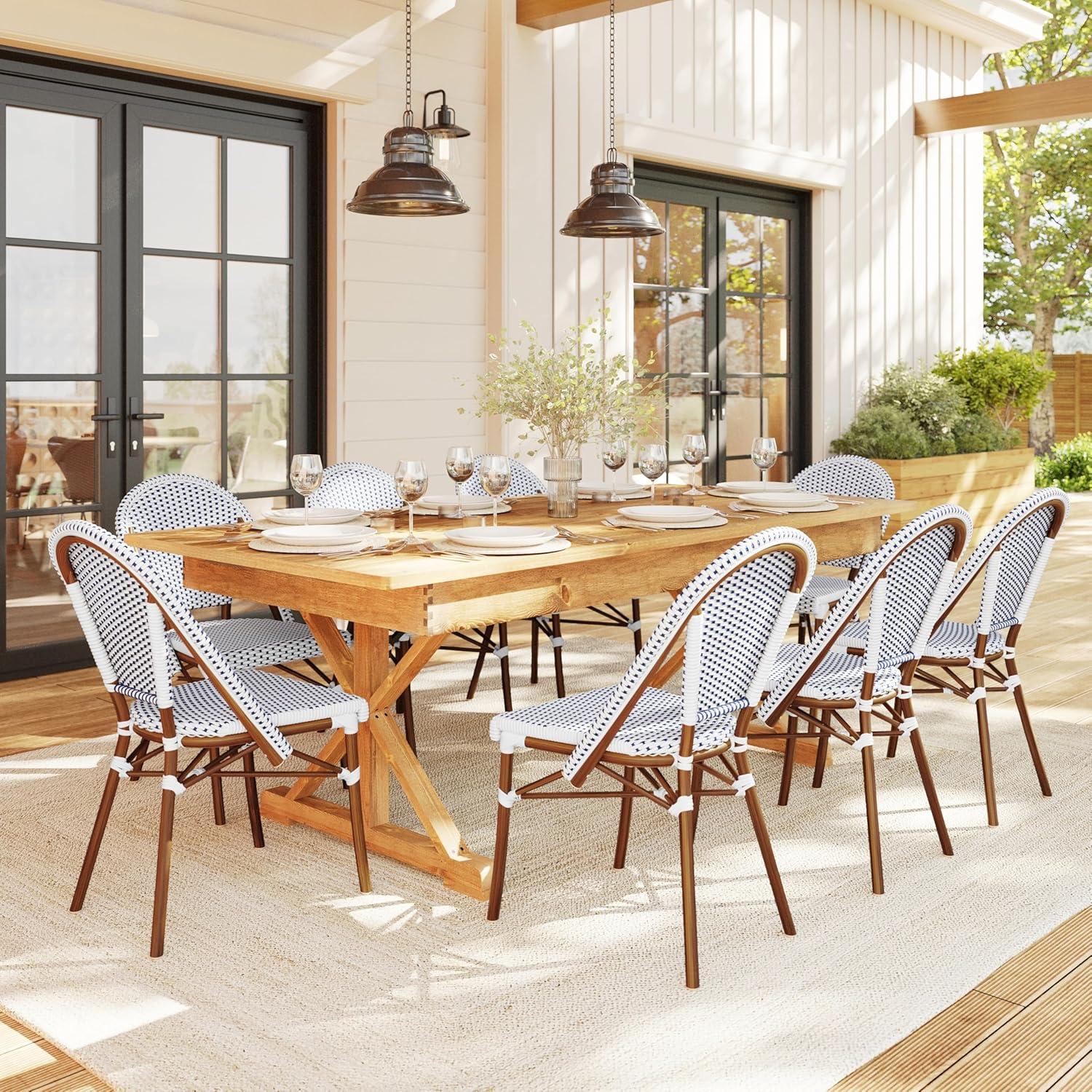 imageMartha Stewart Lily Pond IndoorOutdoor Stackable Aluminum Bistro Chair with Natural Woodgrain Frame Finish and WhiteNavy Woven Rattan Backrest and SeatNavy WhiteNatural Frame
