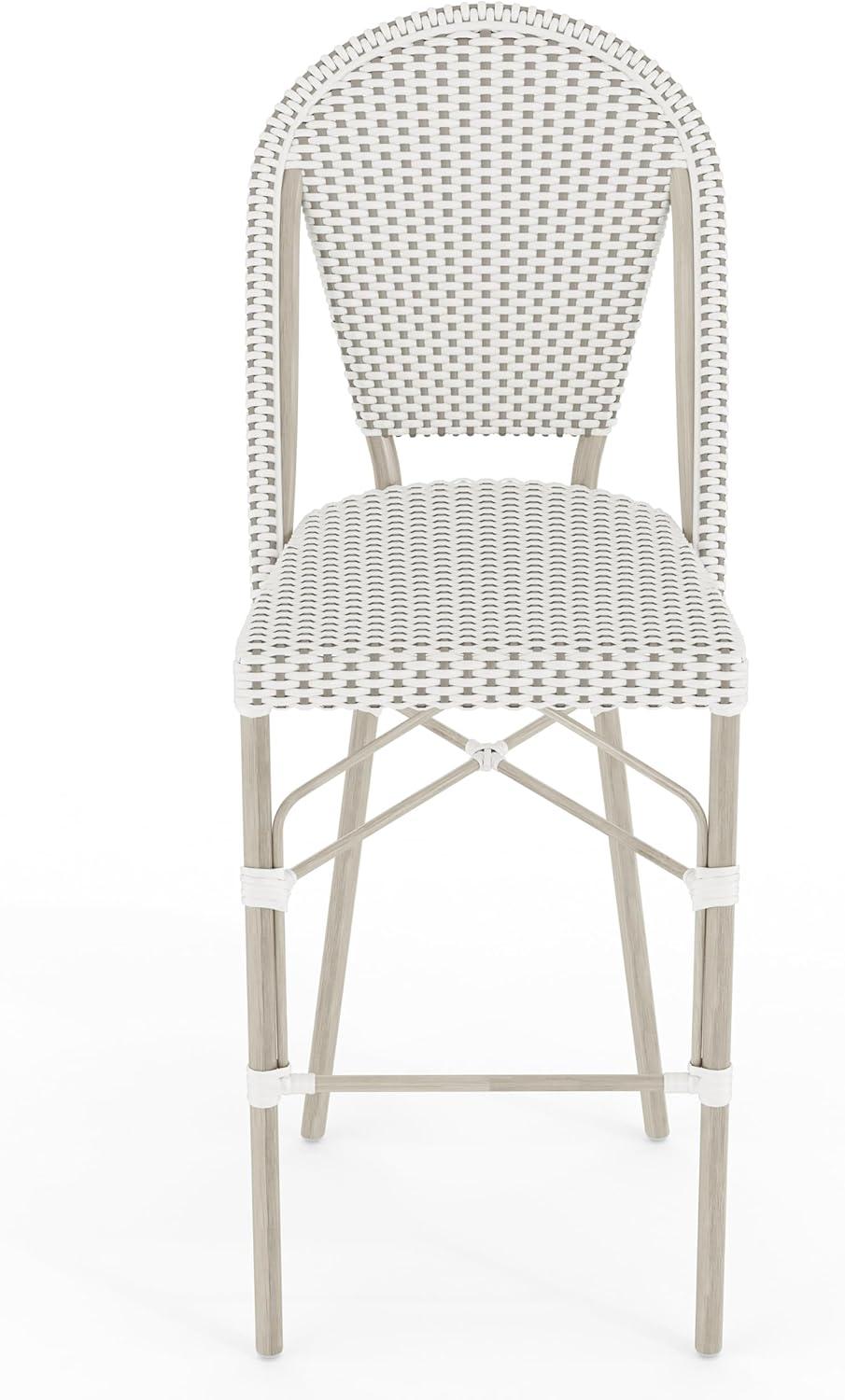 imageMartha Stewart Lily Pond IndoorOutdoor Stackable Bar Stools with Natural Woodgrain Aluminum Frame Finish WhiteNavy Woven Rattan Backrests and Seats Set of 2Gray WhiteGray Frame