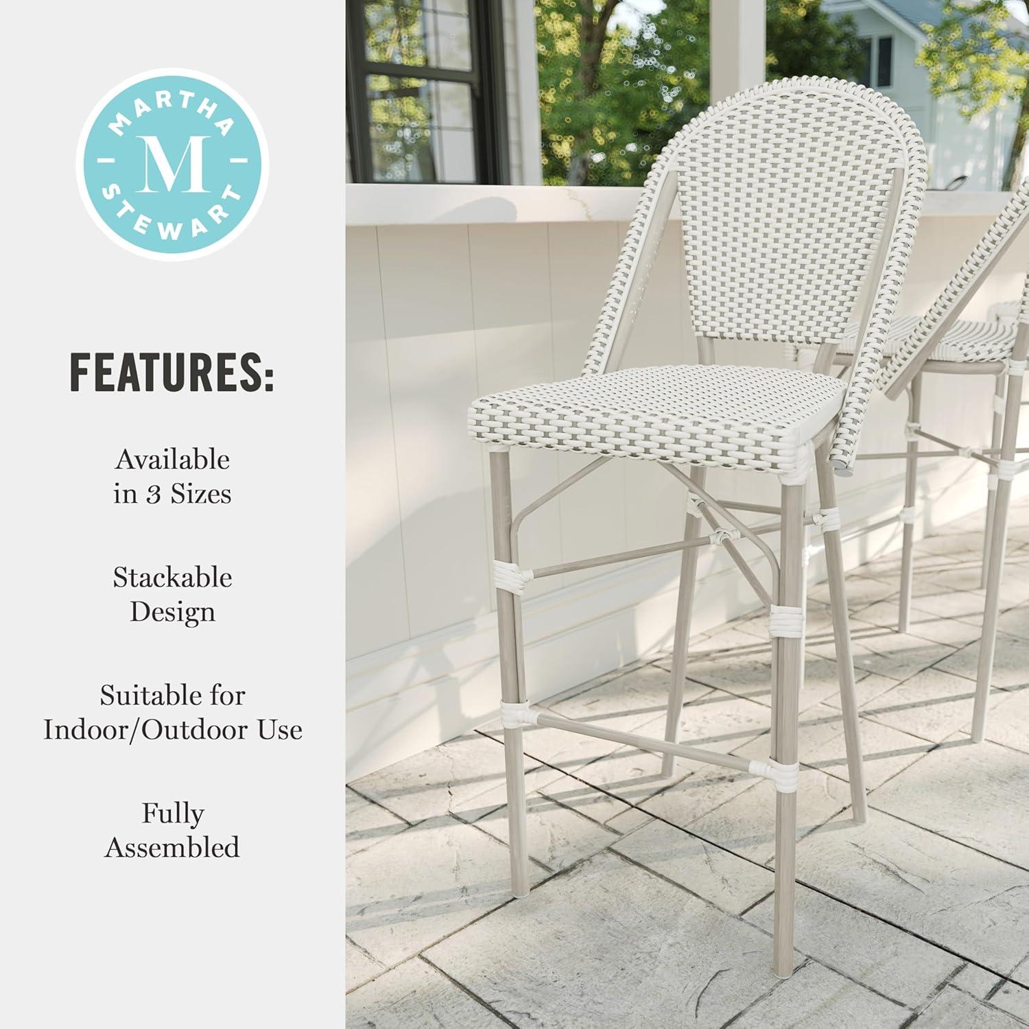 imageMartha Stewart Lily Pond IndoorOutdoor Stackable Bar Stools with Natural Woodgrain Aluminum Frame Finish WhiteNavy Woven Rattan Backrests and Seats Set of 2Gray WhiteGray Frame