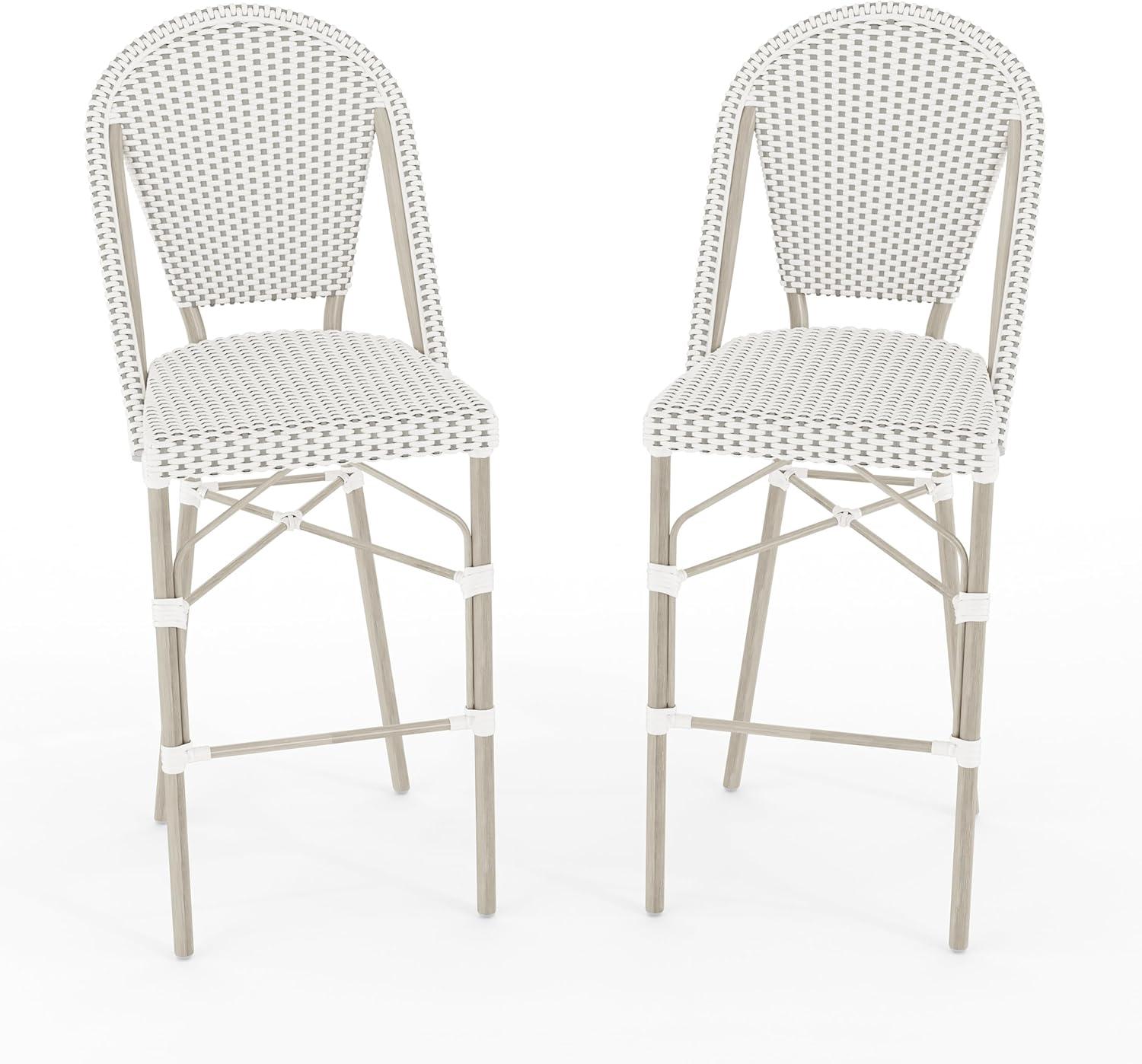 imageMartha Stewart Lily Pond IndoorOutdoor Stackable Bar Stools with Natural Woodgrain Aluminum Frame Finish WhiteNavy Woven Rattan Backrests and Seats Set of 2Gray WhiteGray Frame