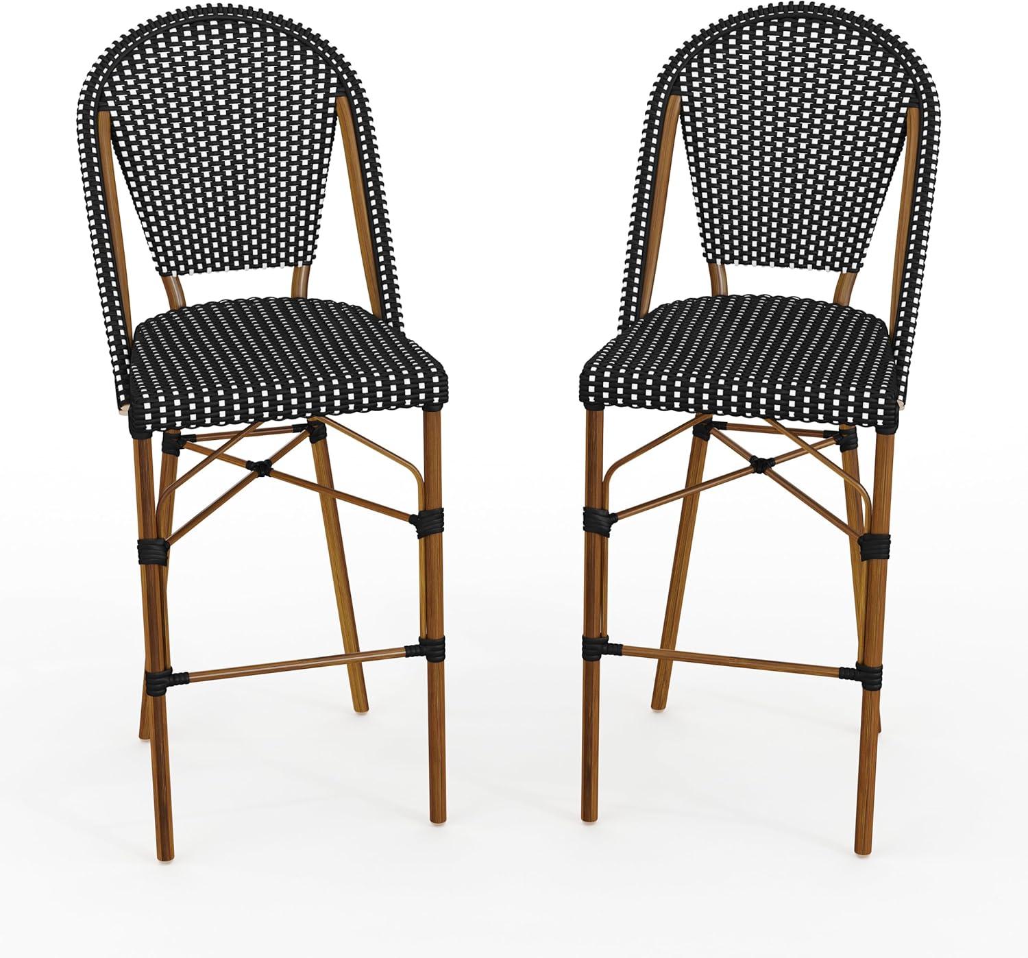 imageMartha Stewart Lily Pond IndoorOutdoor Stackable Bar Stools with Natural Woodgrain Aluminum Frame Finish WhiteNavy Woven Rattan Backrests and Seats Set of 2Black WhiteNatural Frame