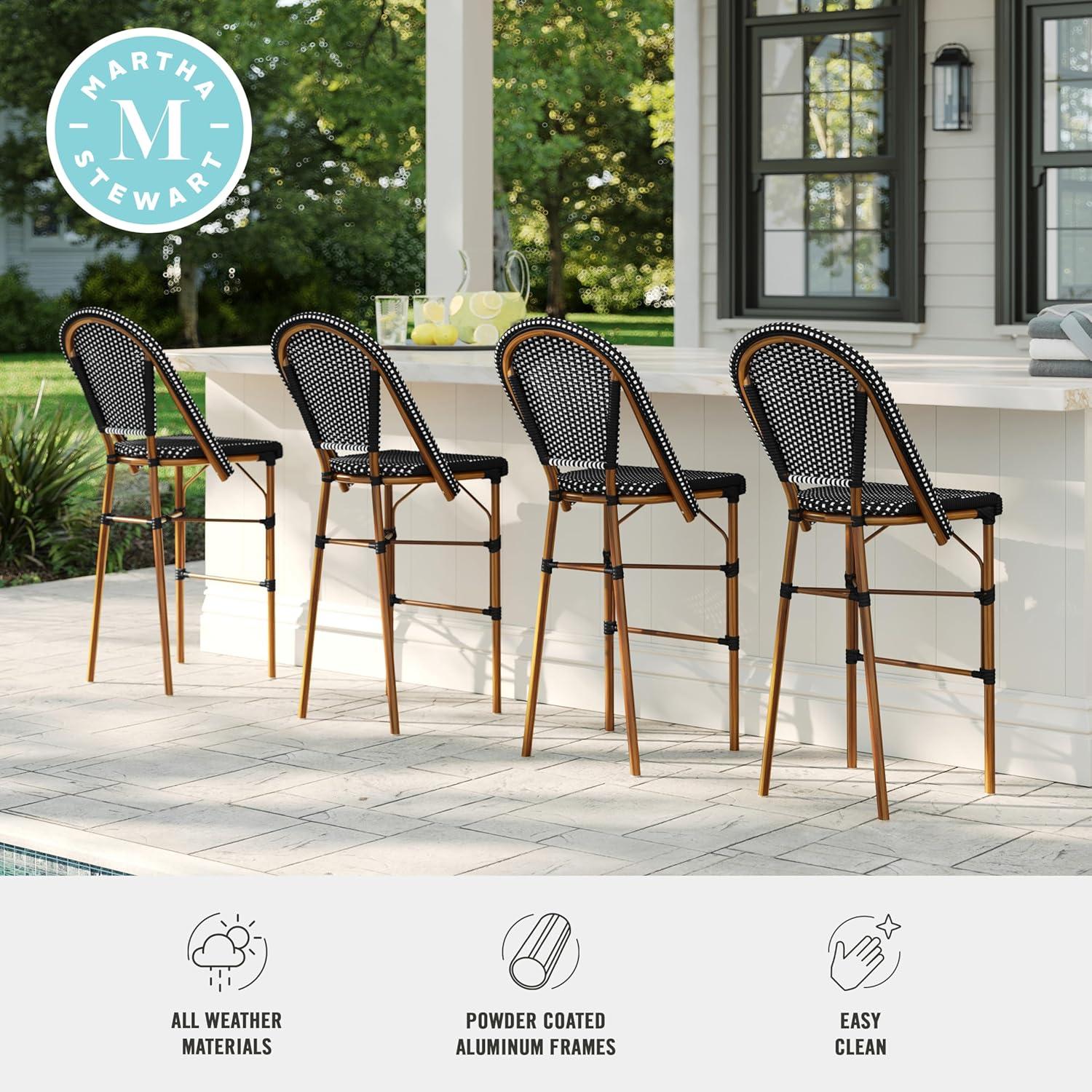 imageMartha Stewart Lily Pond IndoorOutdoor Stackable Bar Stools with Natural Woodgrain Aluminum Frame Finish WhiteNavy Woven Rattan Backrests and Seats Set of 2Black WhiteNatural Frame