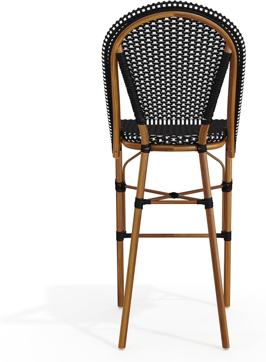 imageMartha Stewart Lily Pond IndoorOutdoor Stackable Bar Stools with Natural Woodgrain Aluminum Frame Finish WhiteNavy Woven Rattan Backrests and Seats Set of 2Black WhiteNatural Frame