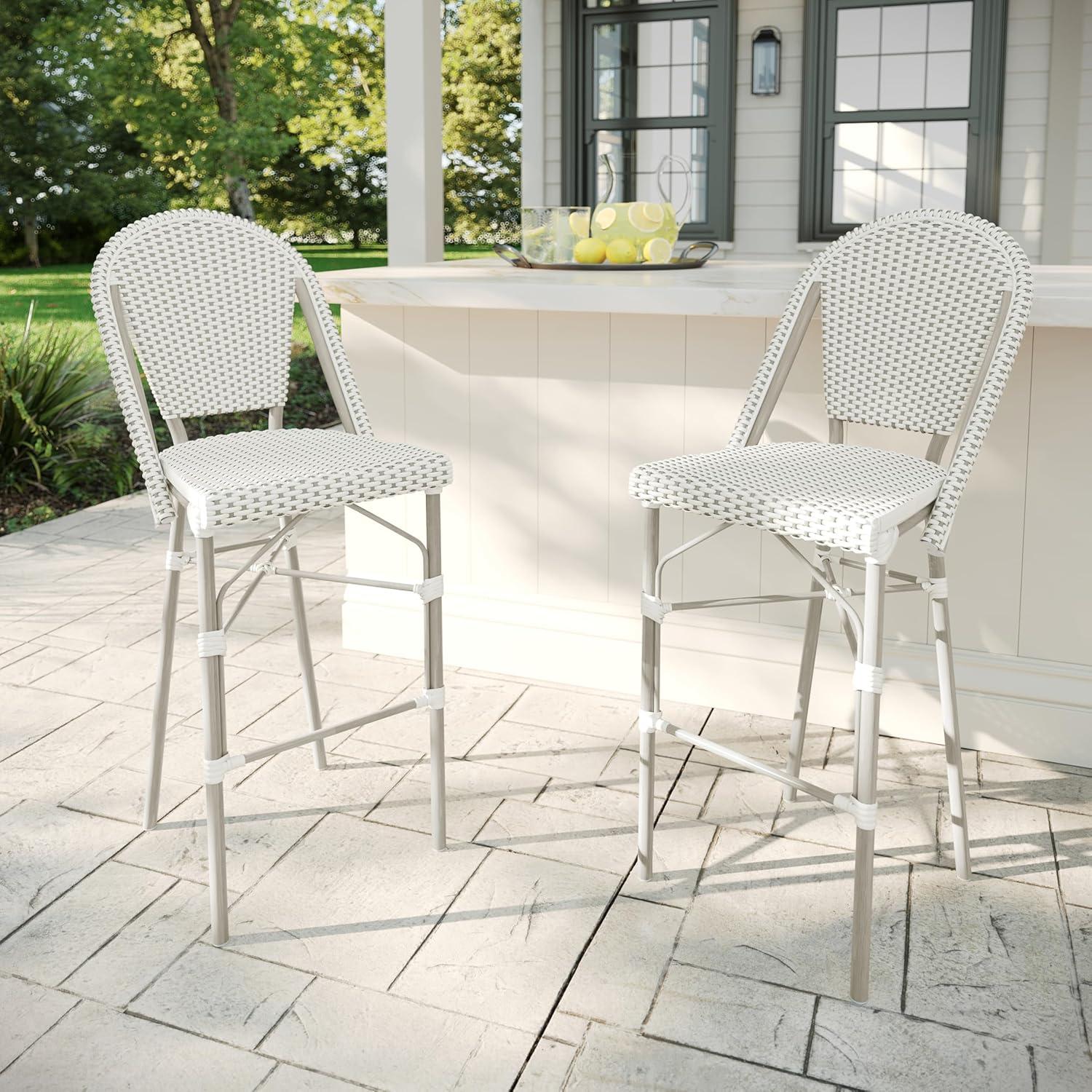 imageMartha Stewart Lily Pond IndoorOutdoor Stackable Bar Stools with Natural Woodgrain Aluminum Frame Finish WhiteNavy Woven Rattan Backrests and Seats Set of 2Gray WhiteGray Frame