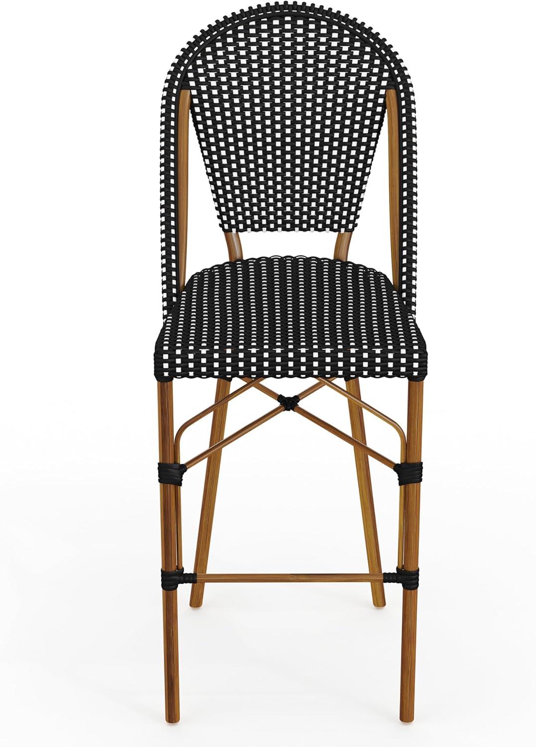 imageMartha Stewart Lily Pond IndoorOutdoor Stackable Bar Stools with Natural Woodgrain Aluminum Frame Finish WhiteNavy Woven Rattan Backrests and Seats Set of 2Black WhiteNatural Frame