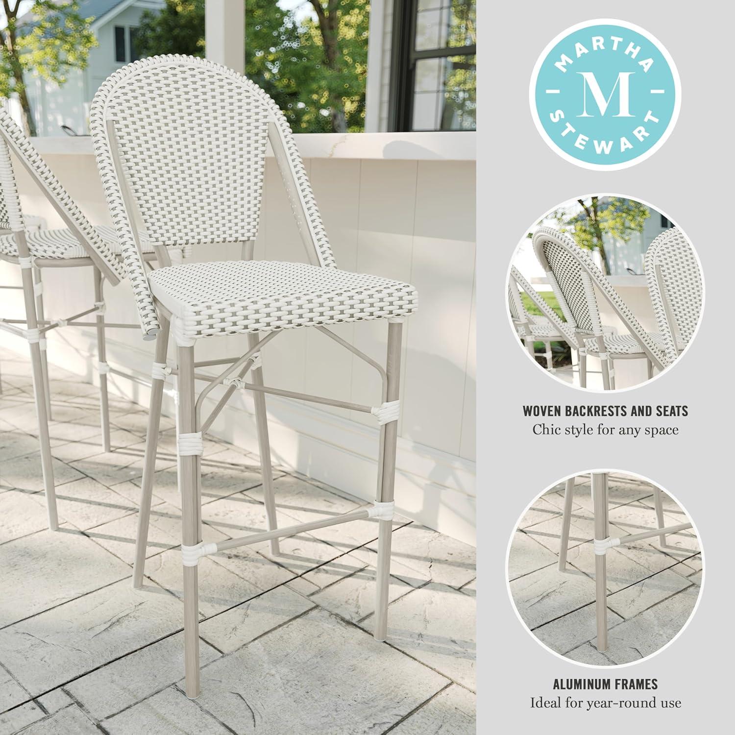 imageMartha Stewart Lily Pond IndoorOutdoor Stackable Bar Stools with Natural Woodgrain Aluminum Frame Finish WhiteNavy Woven Rattan Backrests and Seats Set of 2Gray WhiteGray Frame
