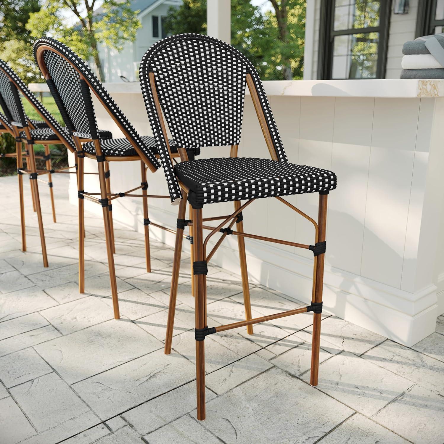 imageMartha Stewart Lily Pond IndoorOutdoor Stackable Bar Stools with Natural Woodgrain Aluminum Frame Finish WhiteNavy Woven Rattan Backrests and Seats Set of 2Black WhiteNatural Frame